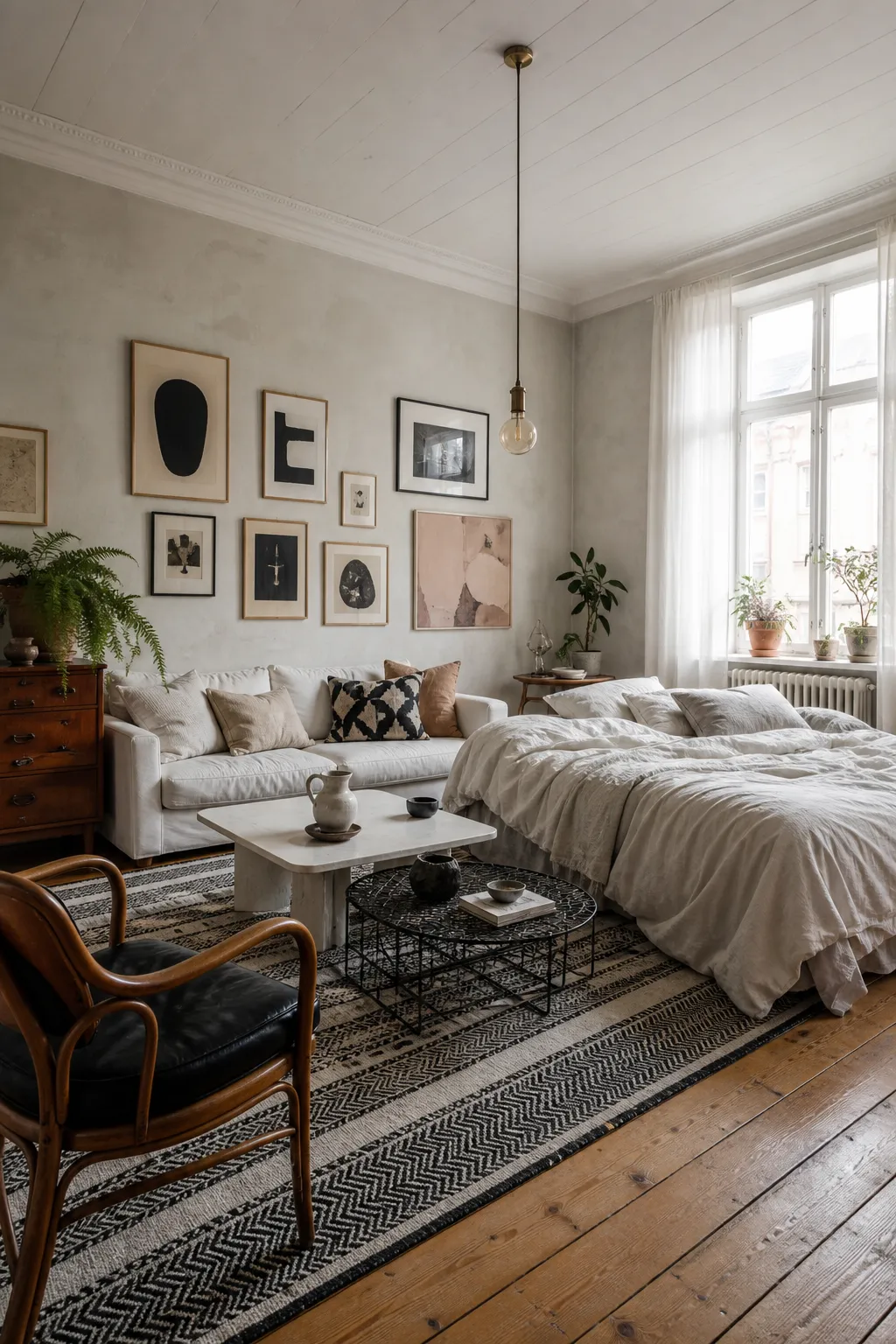 Scandinavian studio combining a simple bedroom and compact lounge in pale neutral tones