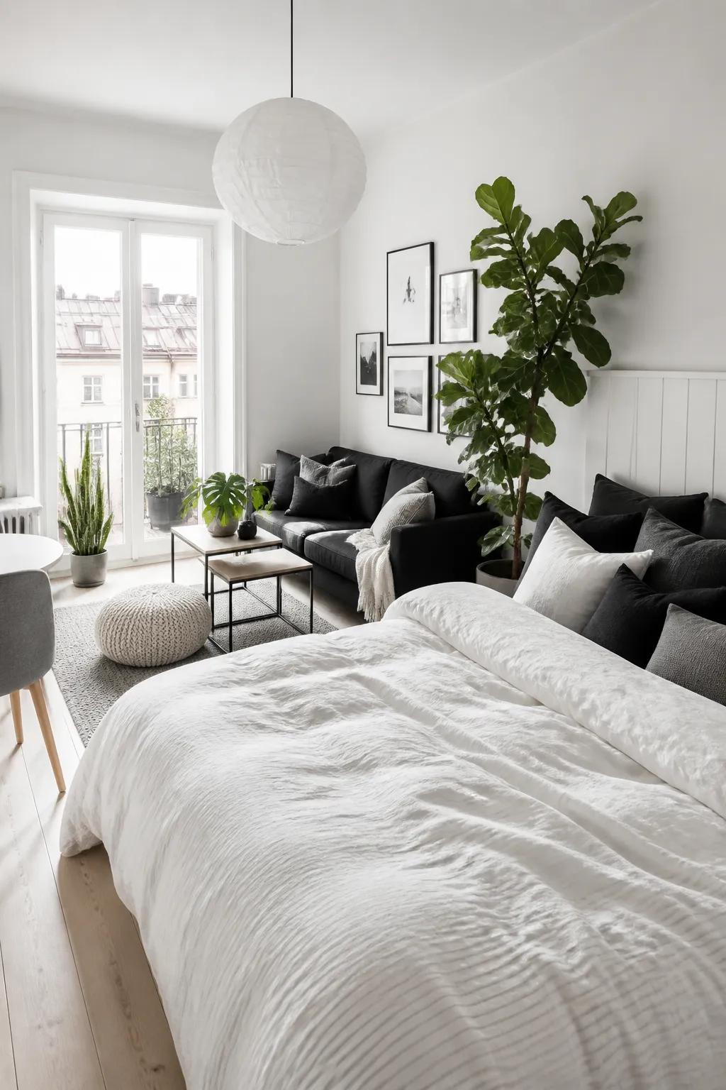 Tiny studio apartment defined by a coordinated black, white, and gray monochrome color scheme