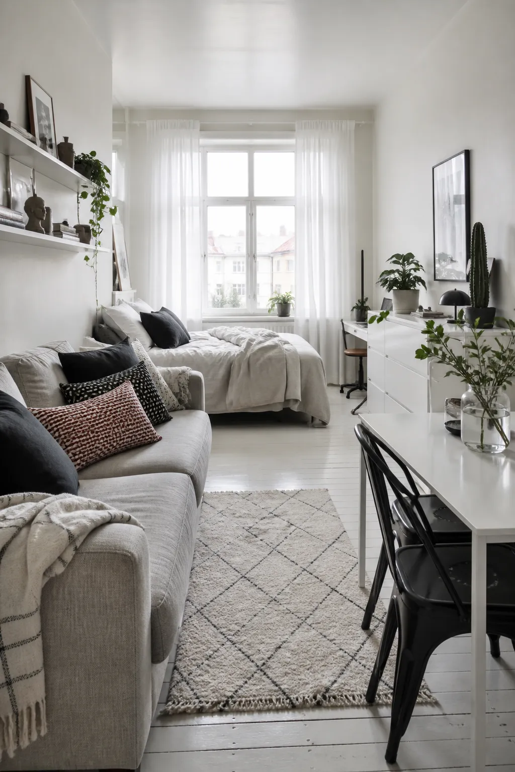 Bright Scandinavian studio layout with large windows, pale furniture, and an open floor plan