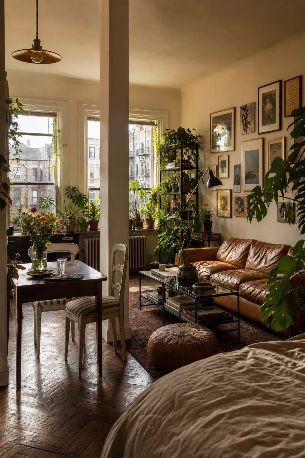 Cozy bohemian studio apartment filled with abundant houseplants, woven decor, and layered textiles