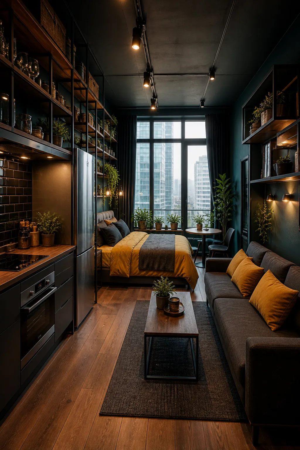 Moody micro studio featuring dark walls, industrial metal details, and warm atmospheric lighting