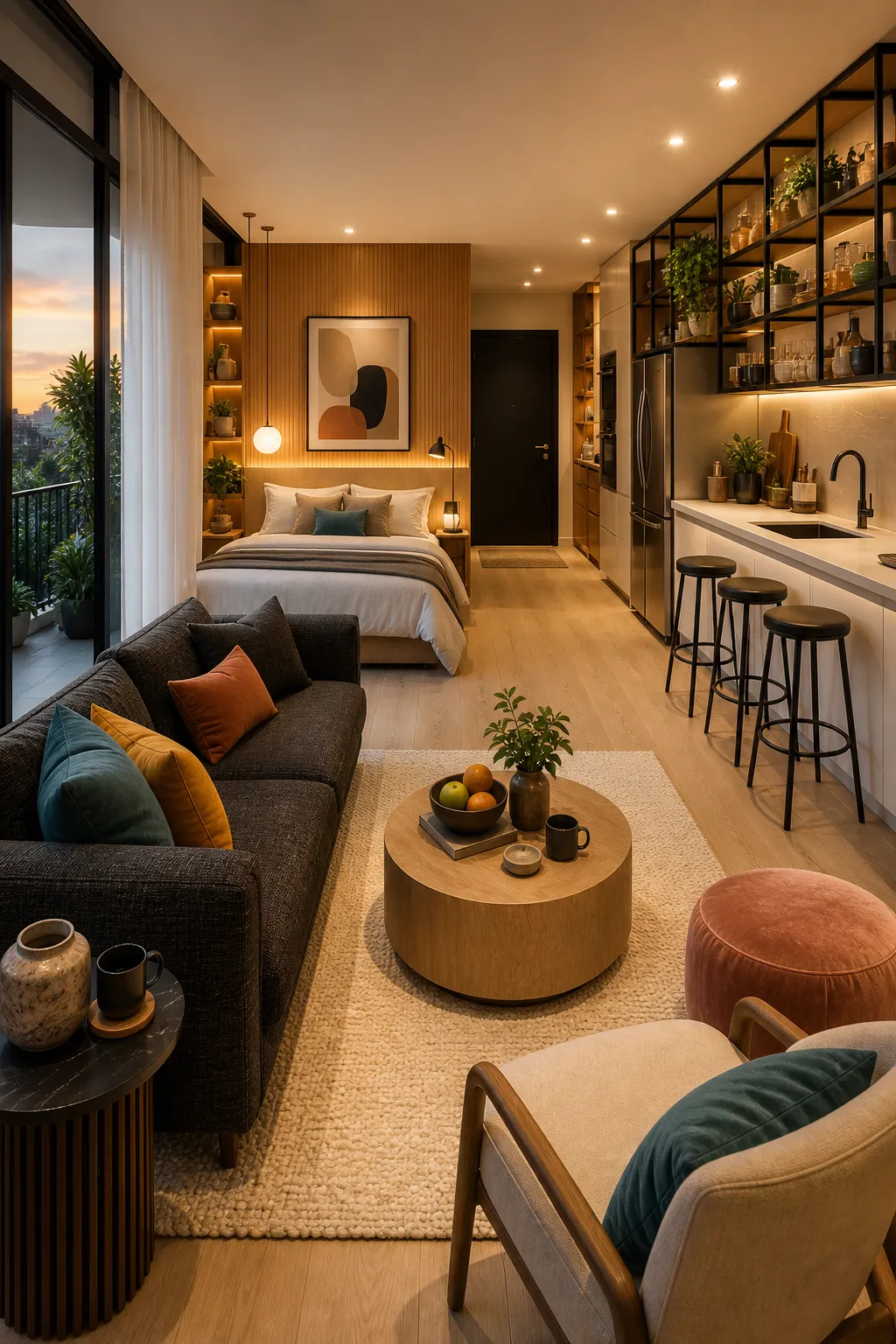Polished modern studio layered with warm wood, beige textiles, brass details, and streamlined furniture