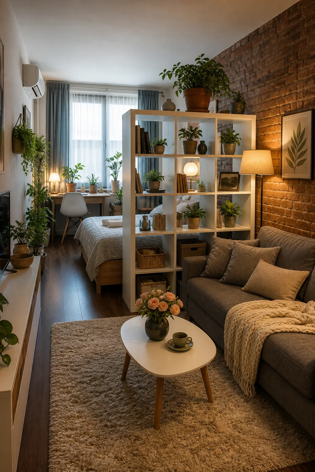 Cozy studio apartment divided into living and sleeping zones by an open shelving unit