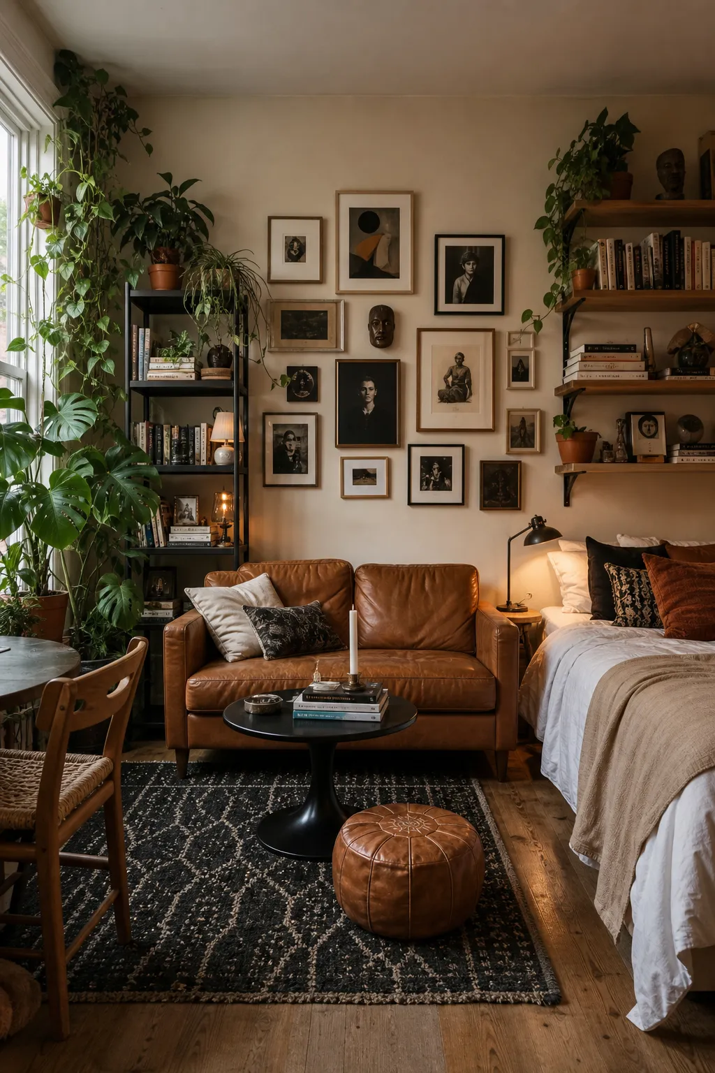 Eclectic bohemian studio decorated with colorful textiles, mixed patterns, plants, and gallery-style artwork