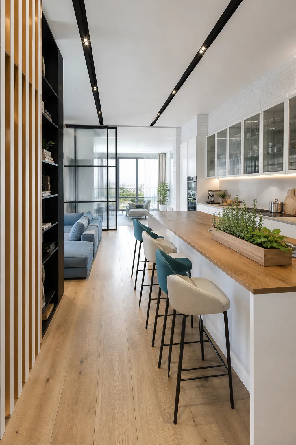 Open-plan apartment with a black-framed glass divider separating the bedroom from the living area