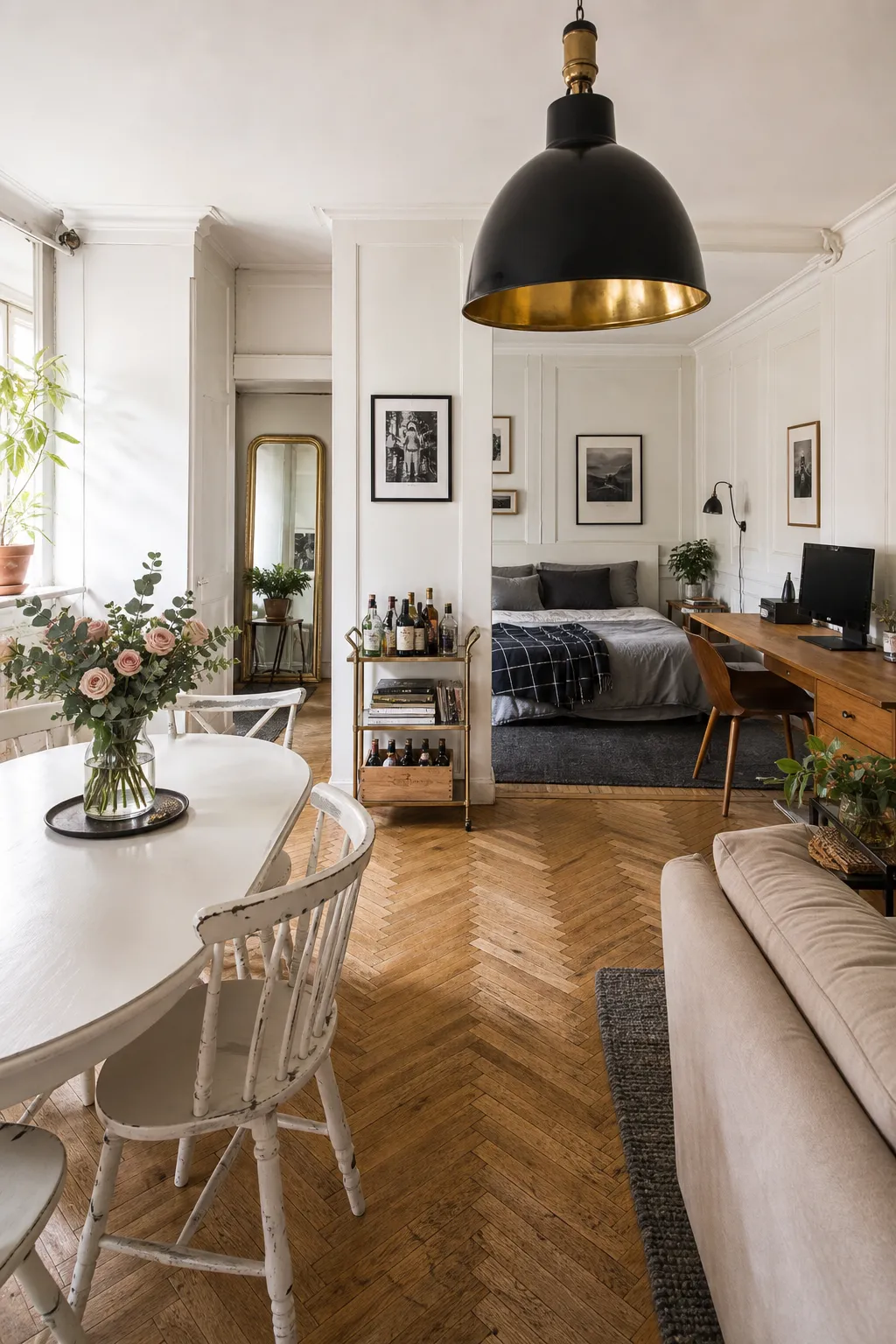 Bright single-room apartment arranged into distinct sleeping, dining, and living areas