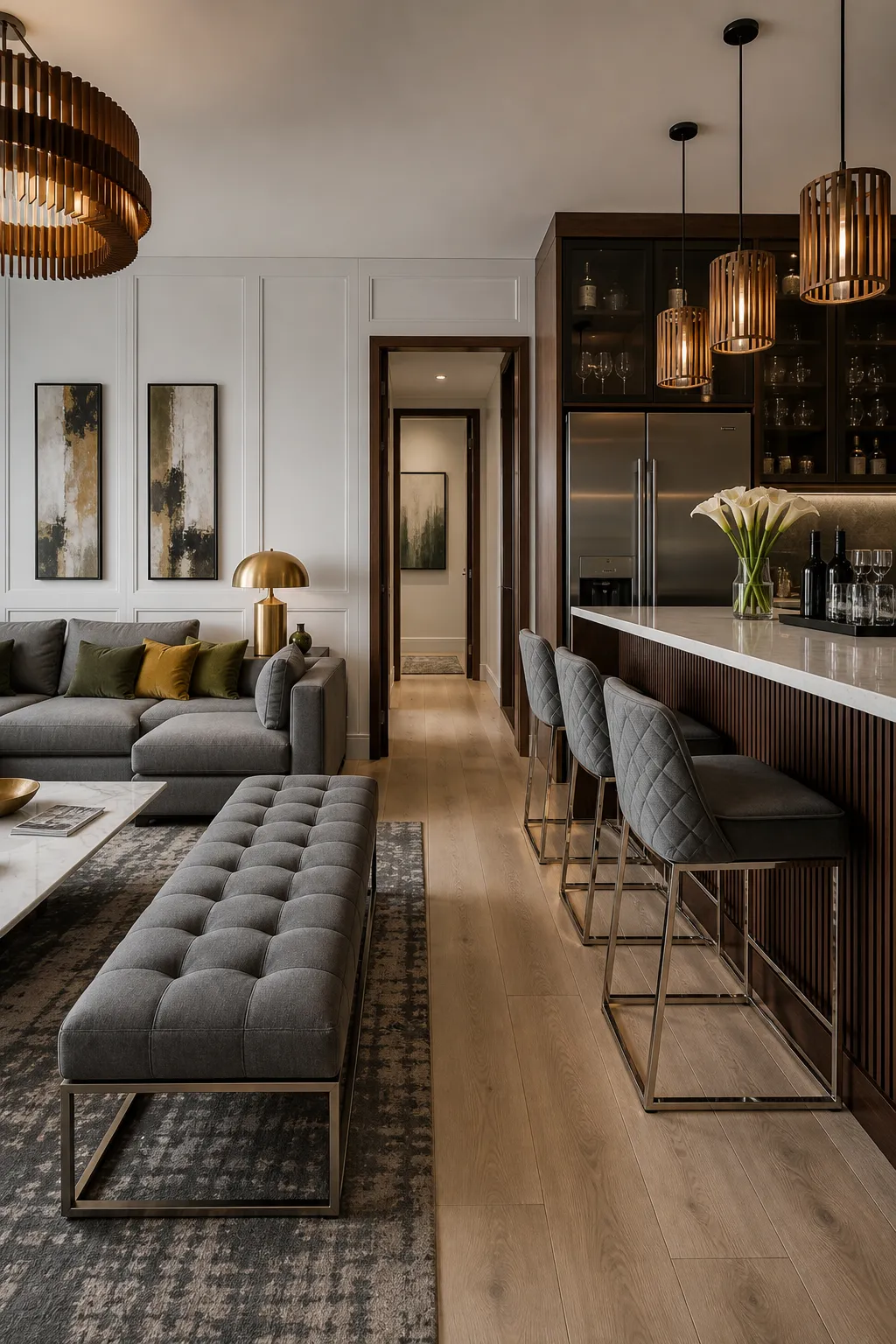 Compact open living room and kitchen featuring marble surfaces, metallic accents, and elegant neutral furnishings