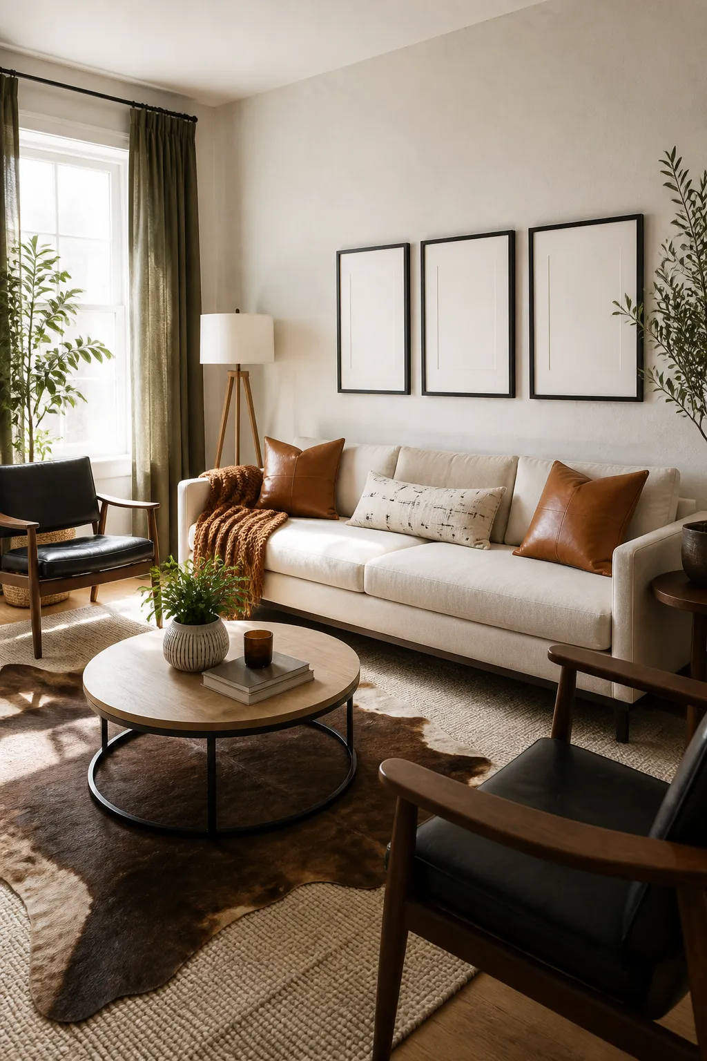 Small living room styled with warm neutral furniture, soft textiles, and natural wood accents
