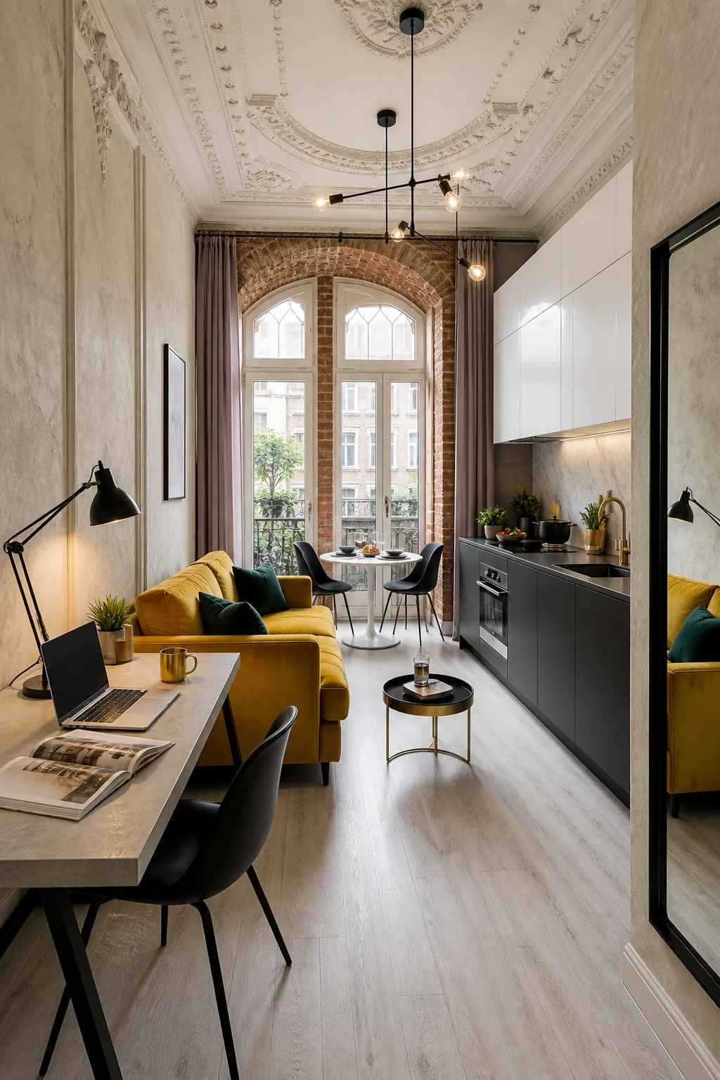 Open-plan studio apartment centered around a bold yellow sofa