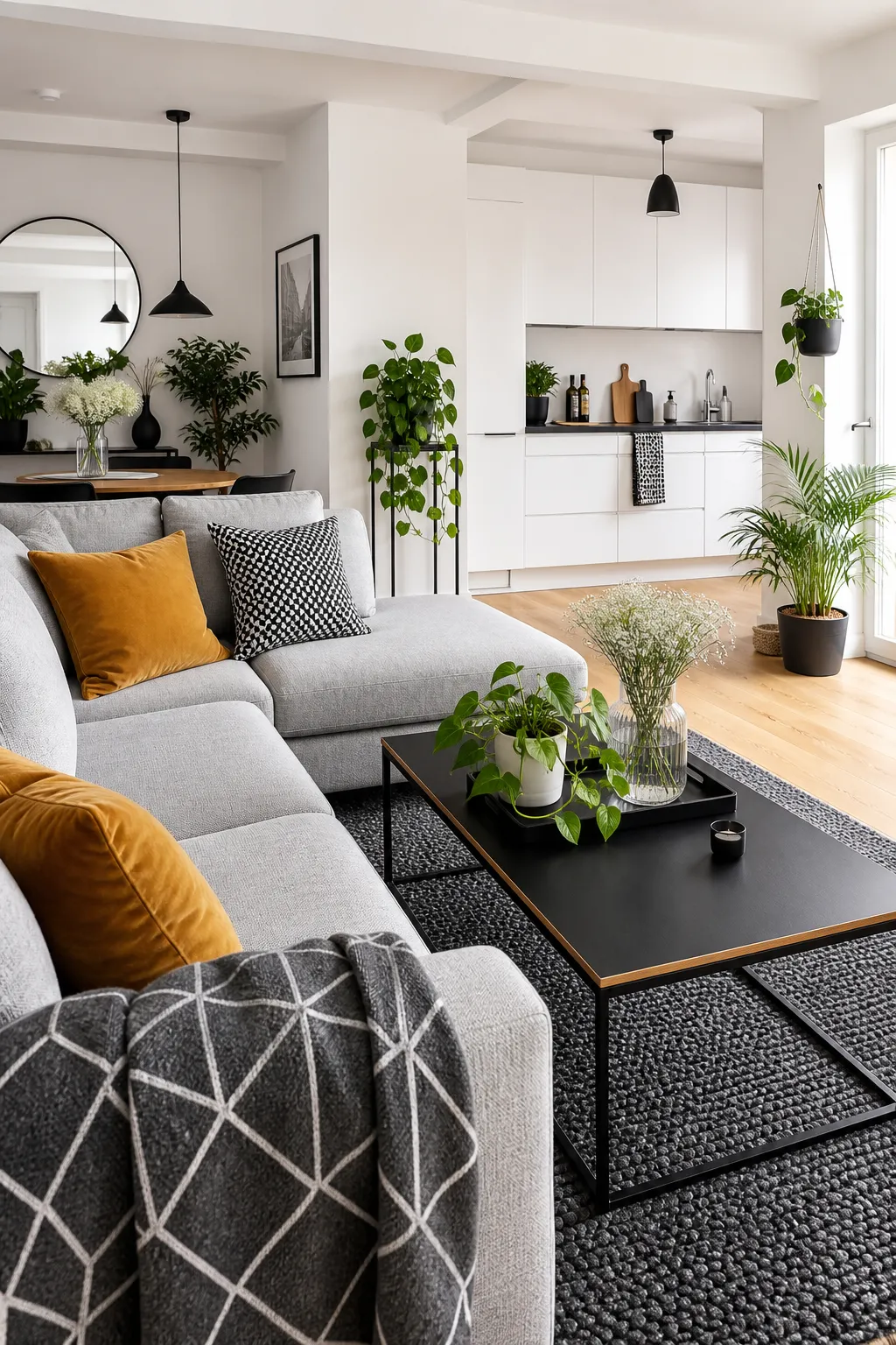 Bright small living room with Scandinavian furniture, pale wood, and minimal decor