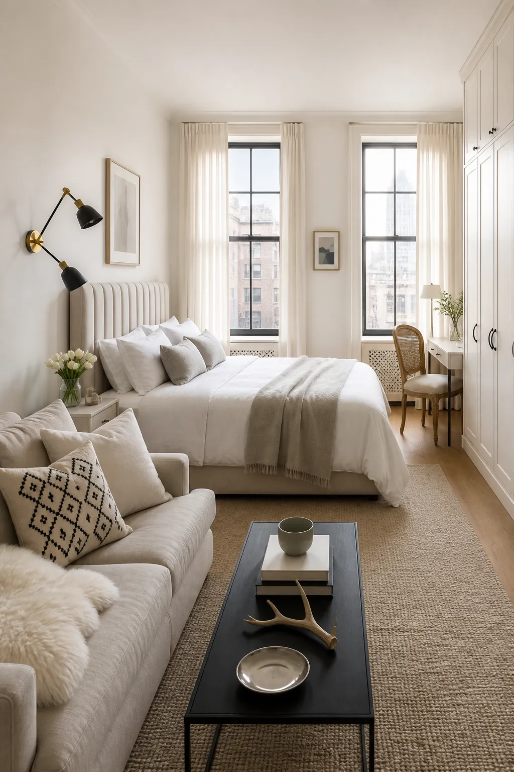 Chic studio apartment decorated with layered neutral textiles and refined accents