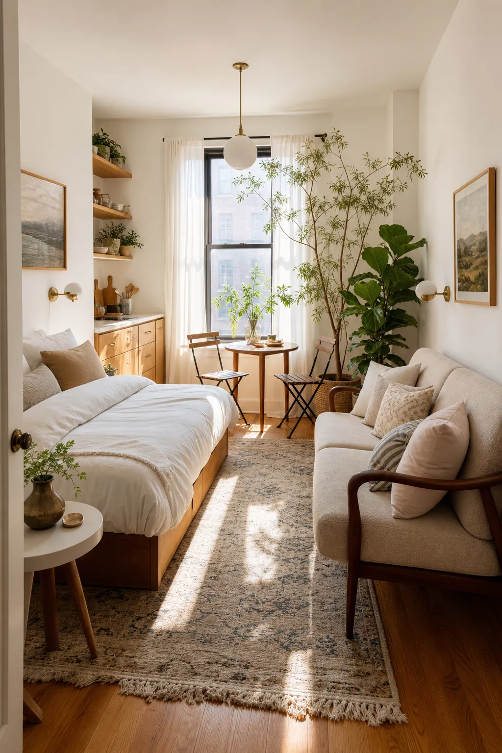 Sunny small studio filled with plants arranged on shelves, stands, and near windows
