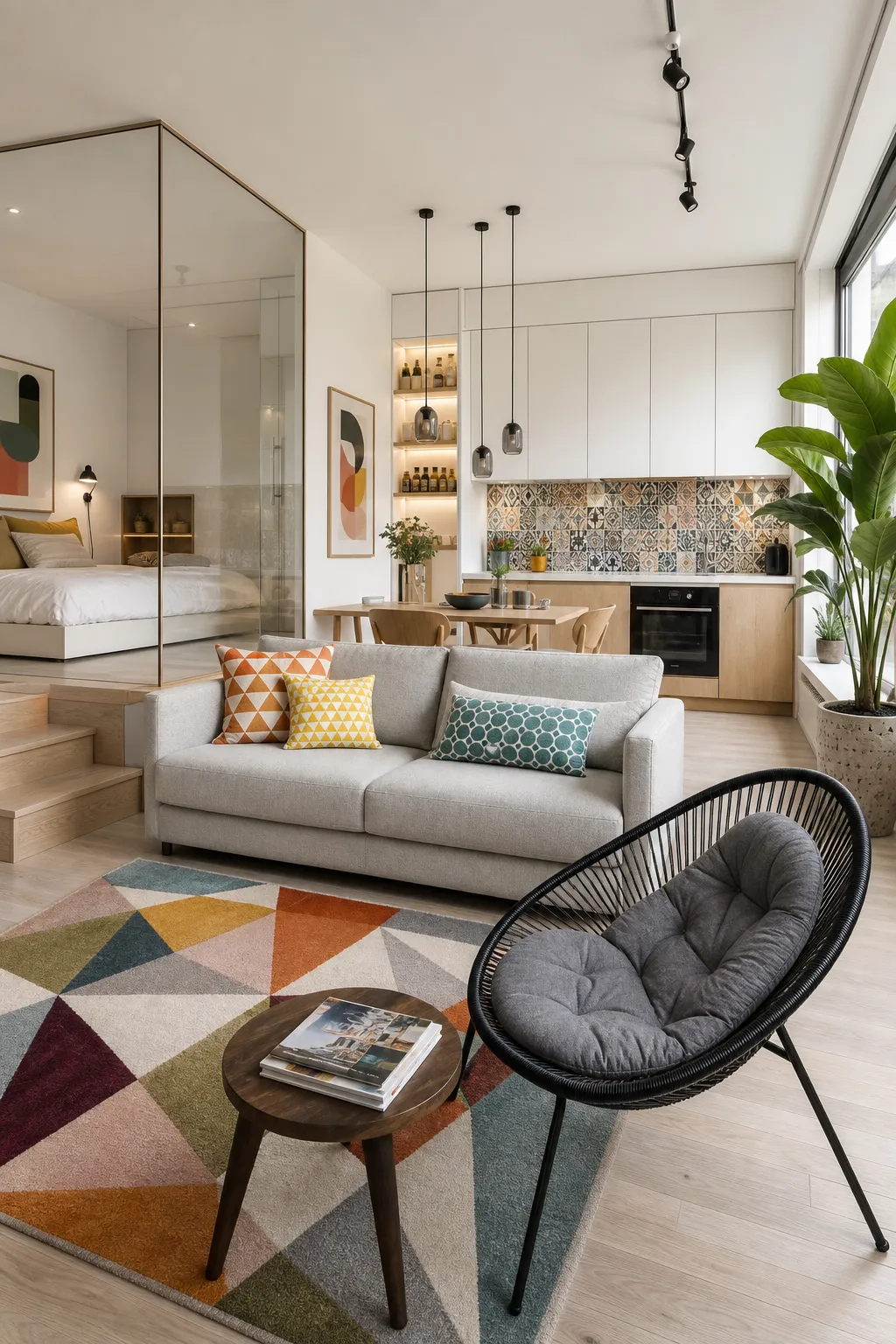 Colorful small studio apartment with bold furnishings, artwork, and coordinated accents