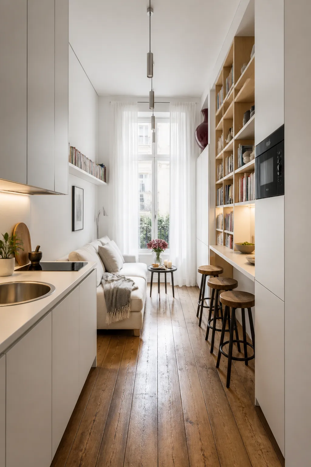 Narrow white studio apartment with streamlined furniture and an open walkway
