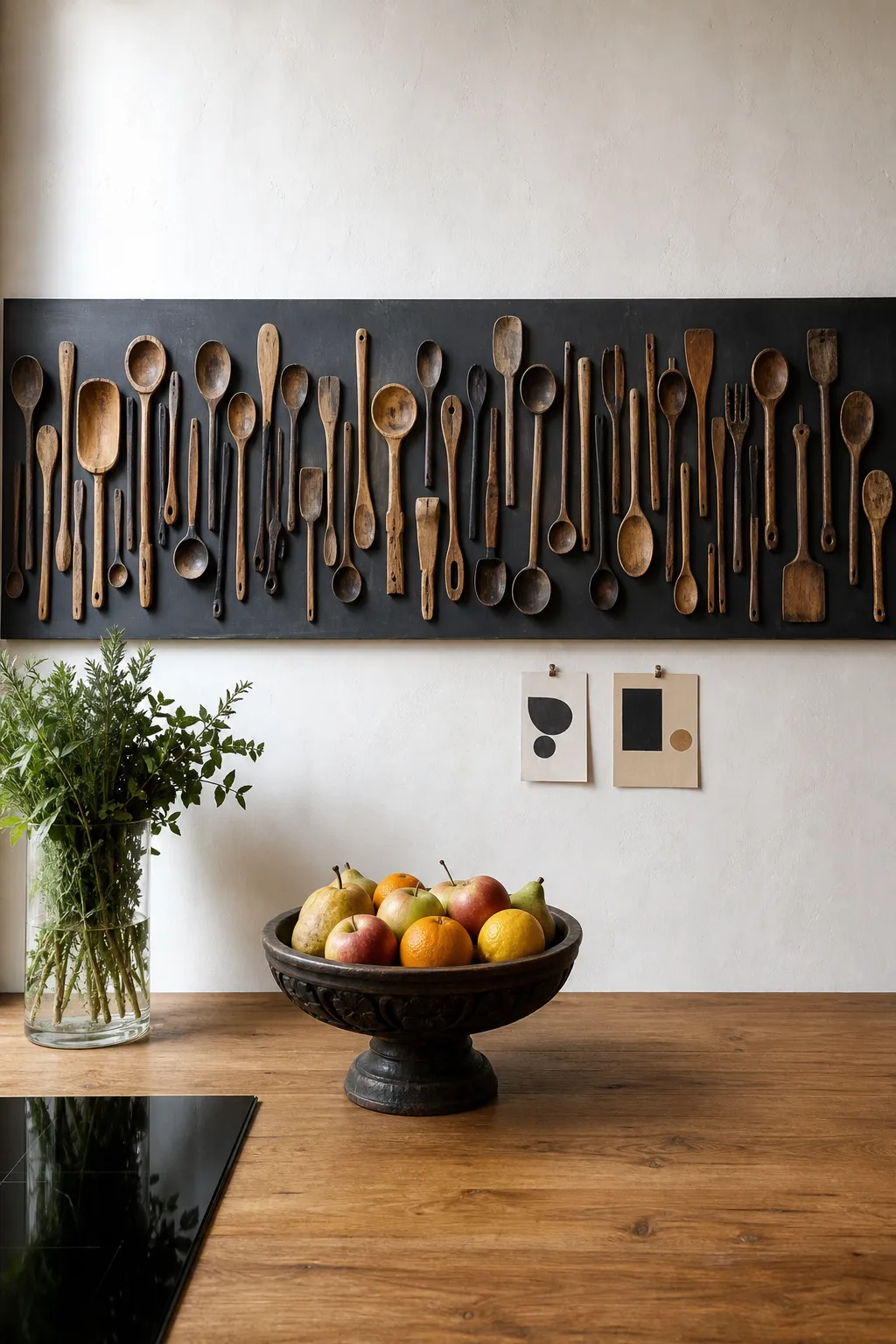 Assorted vintage wooden spoons arranged as a collected kitchen wall display