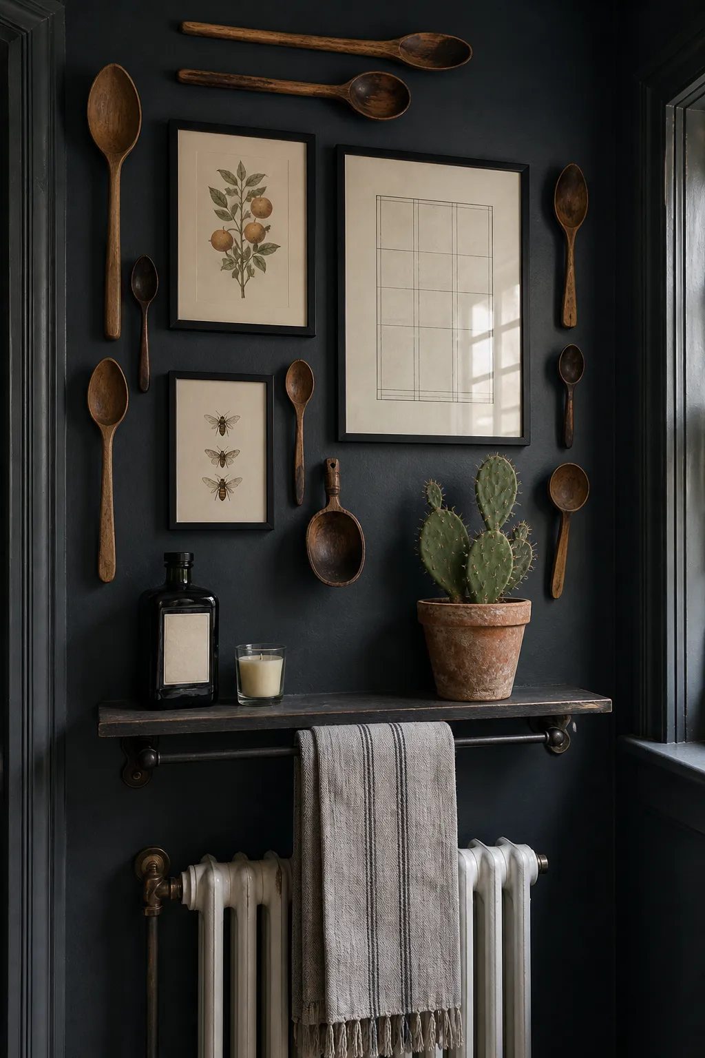 Vintage wooden spoons displayed gallery-style against a dark kitchen wall