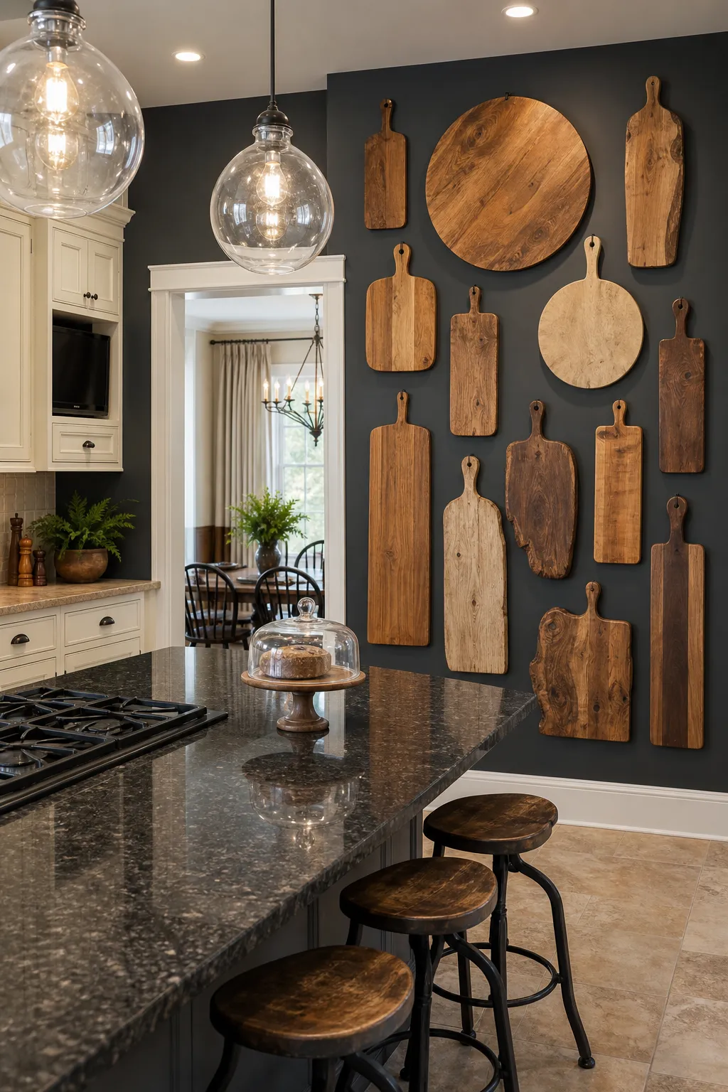 Wooden cutting boards arranged as a textured feature wall in a kitchen