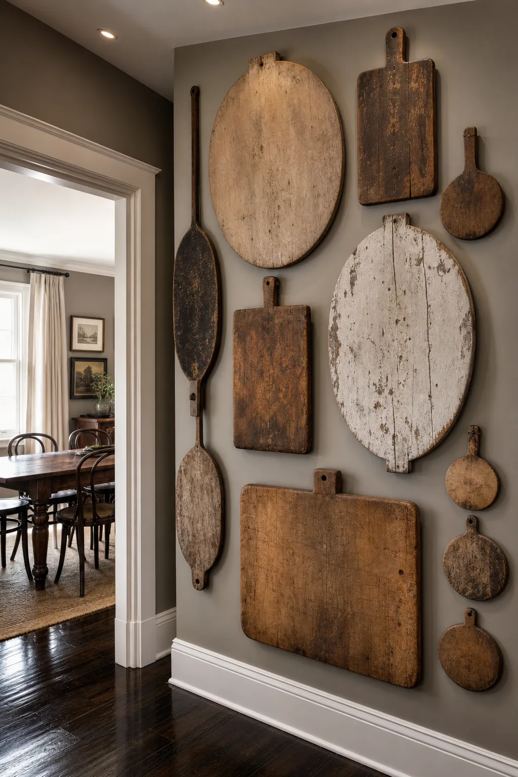 Rustic bread boards arranged in a gallery-style kitchen wall display