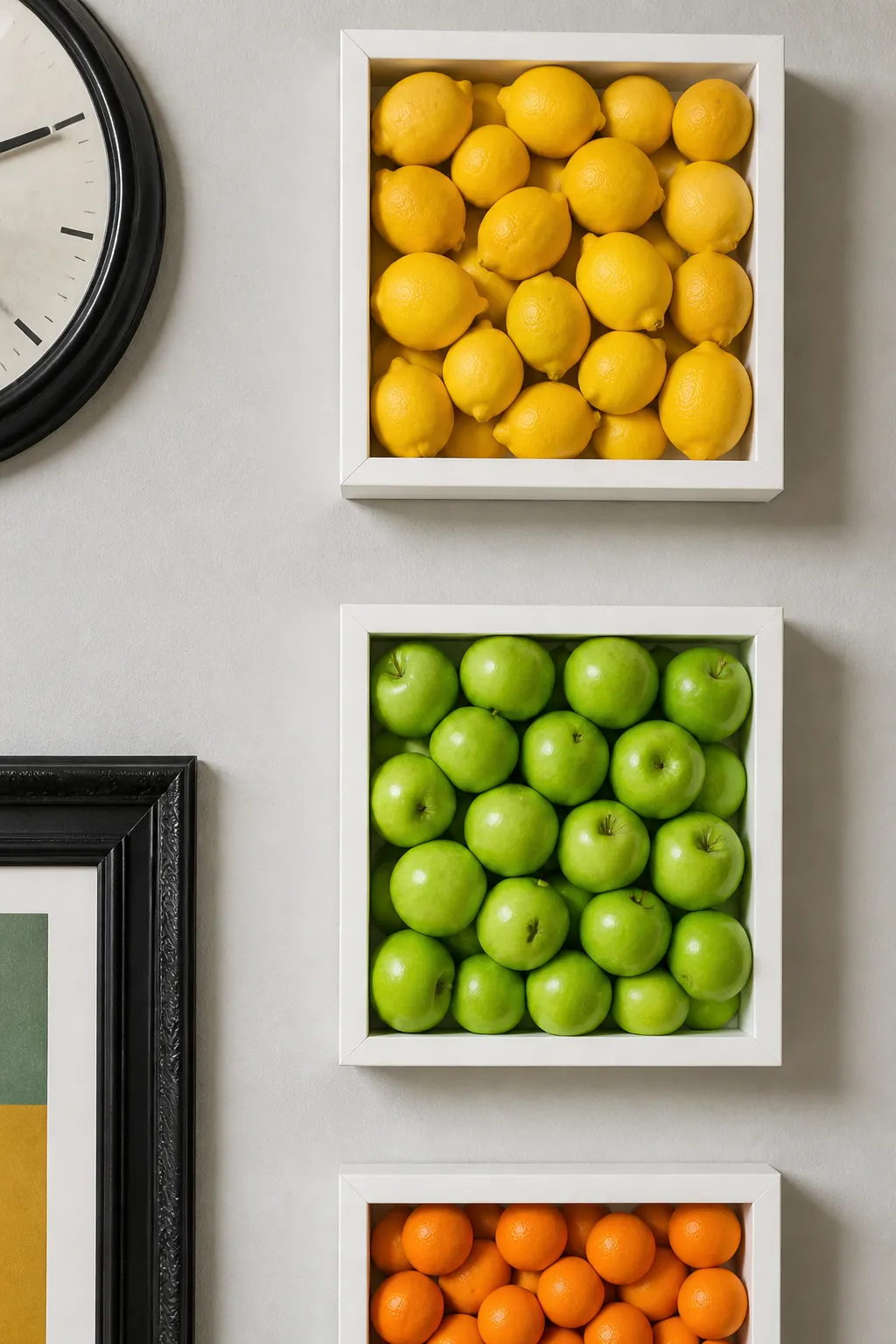 Colorful faux fruit arranged inside decorative kitchen shadow boxes