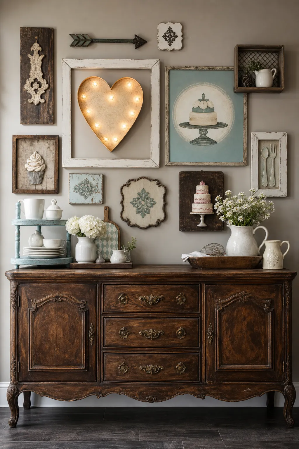 Farmhouse kitchen gallery wall featuring baskets, utensils, signs, and vintage finds