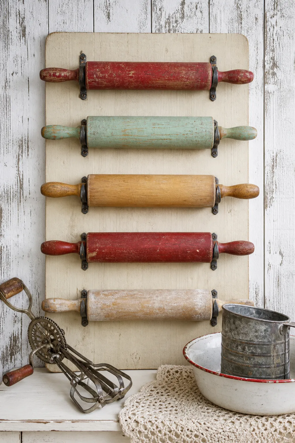 Vintage wooden rolling pins hung horizontally as dimensional kitchen decor