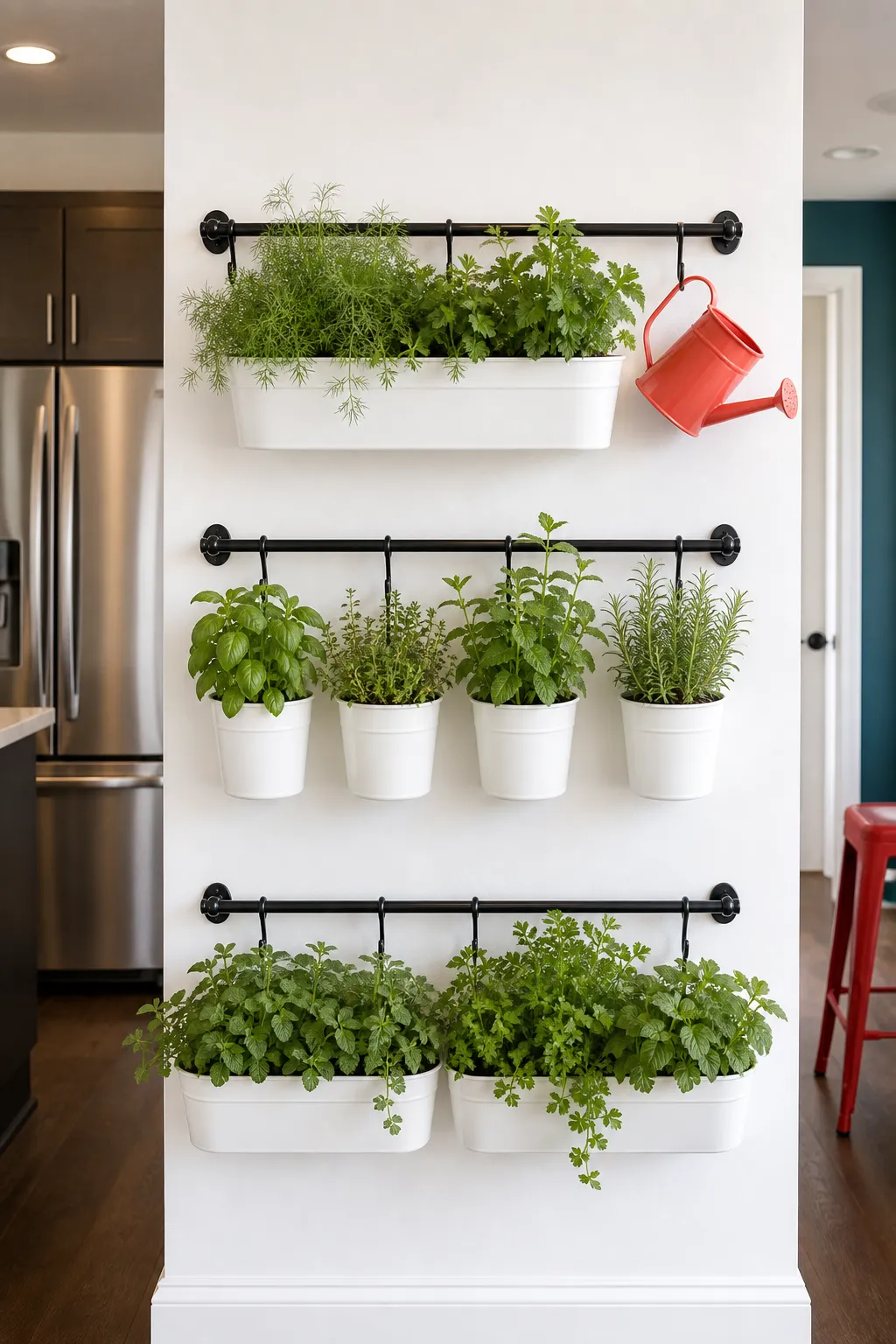 Fresh culinary herbs growing in hanging planters on a kitchen wall