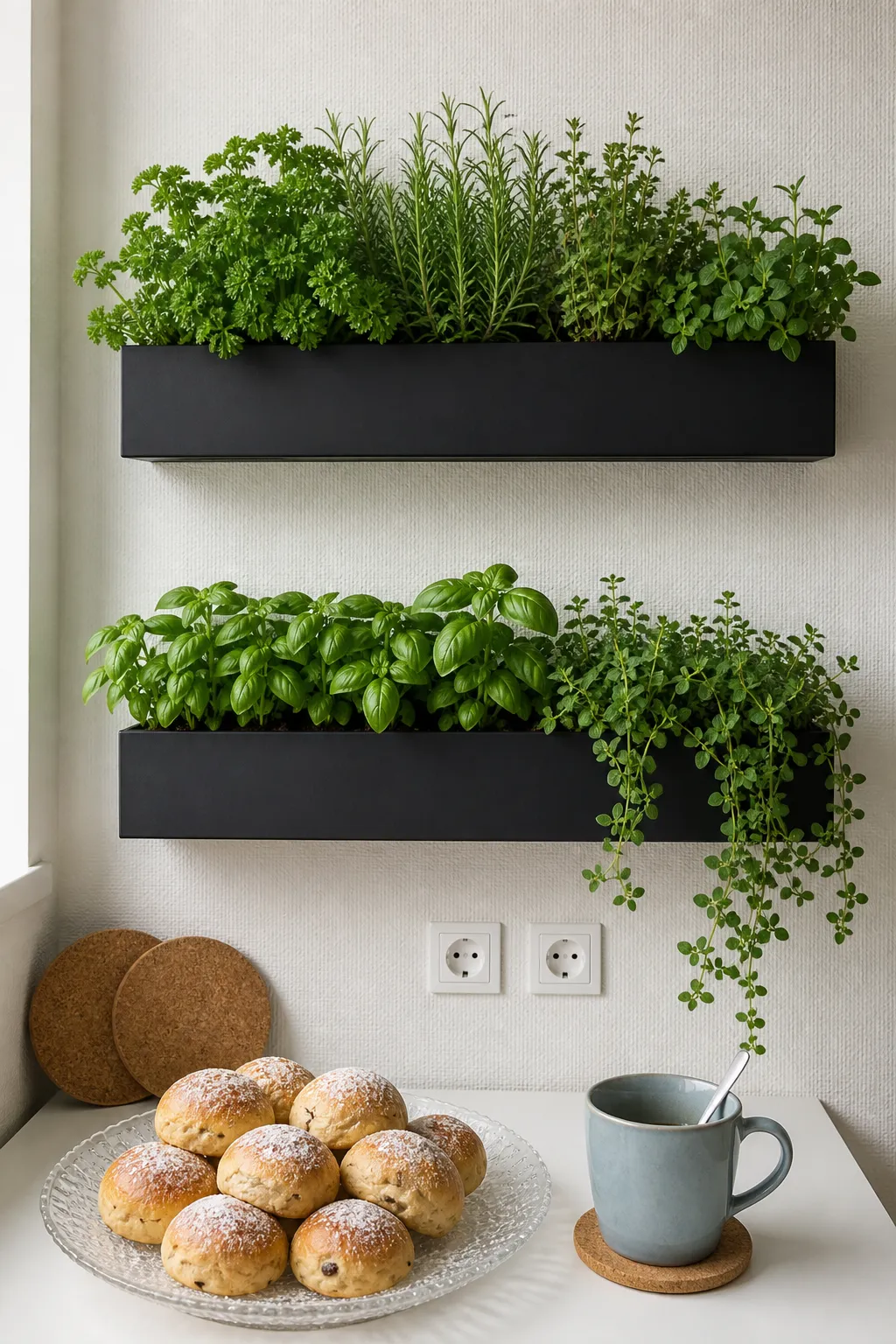 Black wall-mounted planters filled with fresh herbs in a modern kitchen