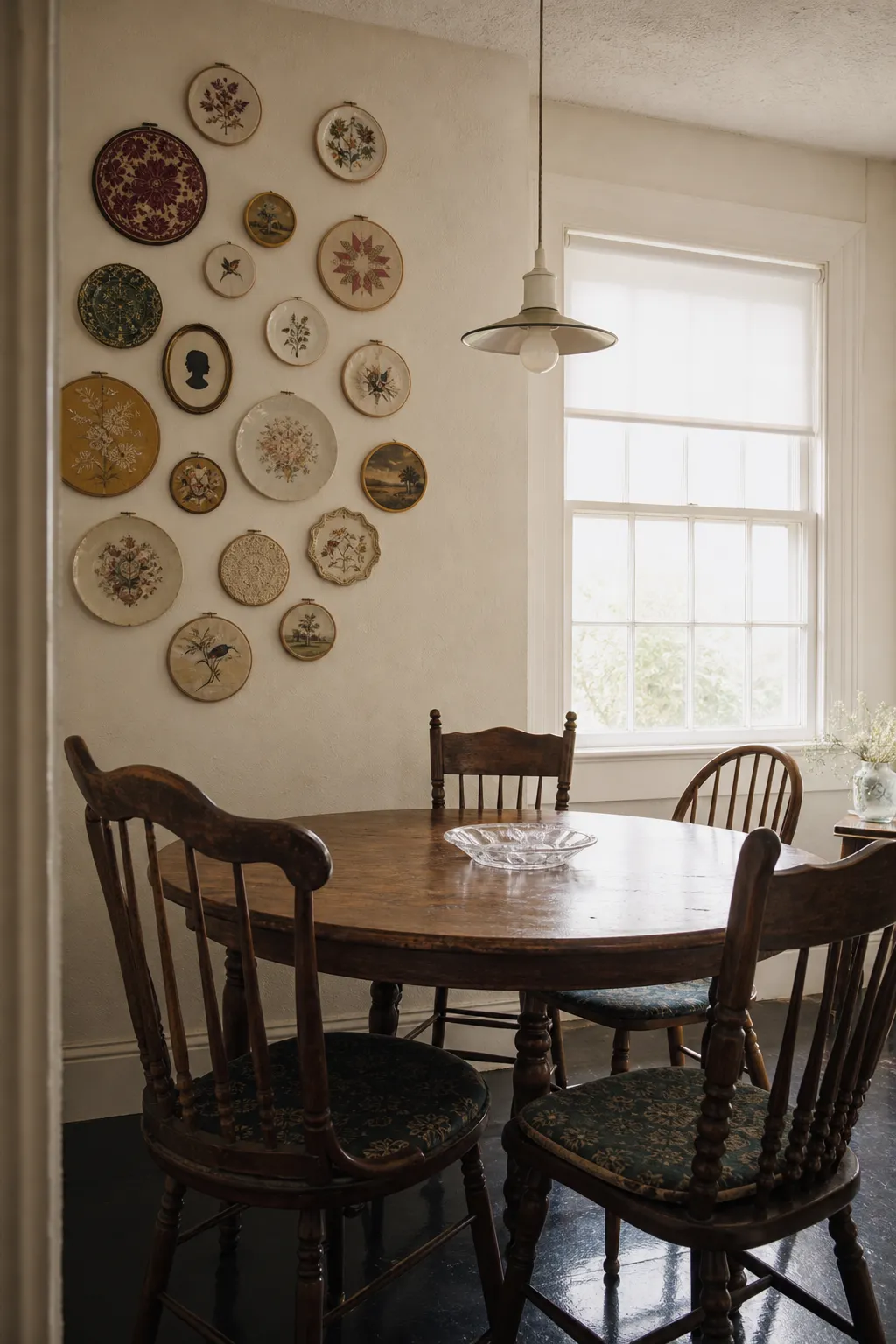 Vintage plates arranged above a cozy dining nook