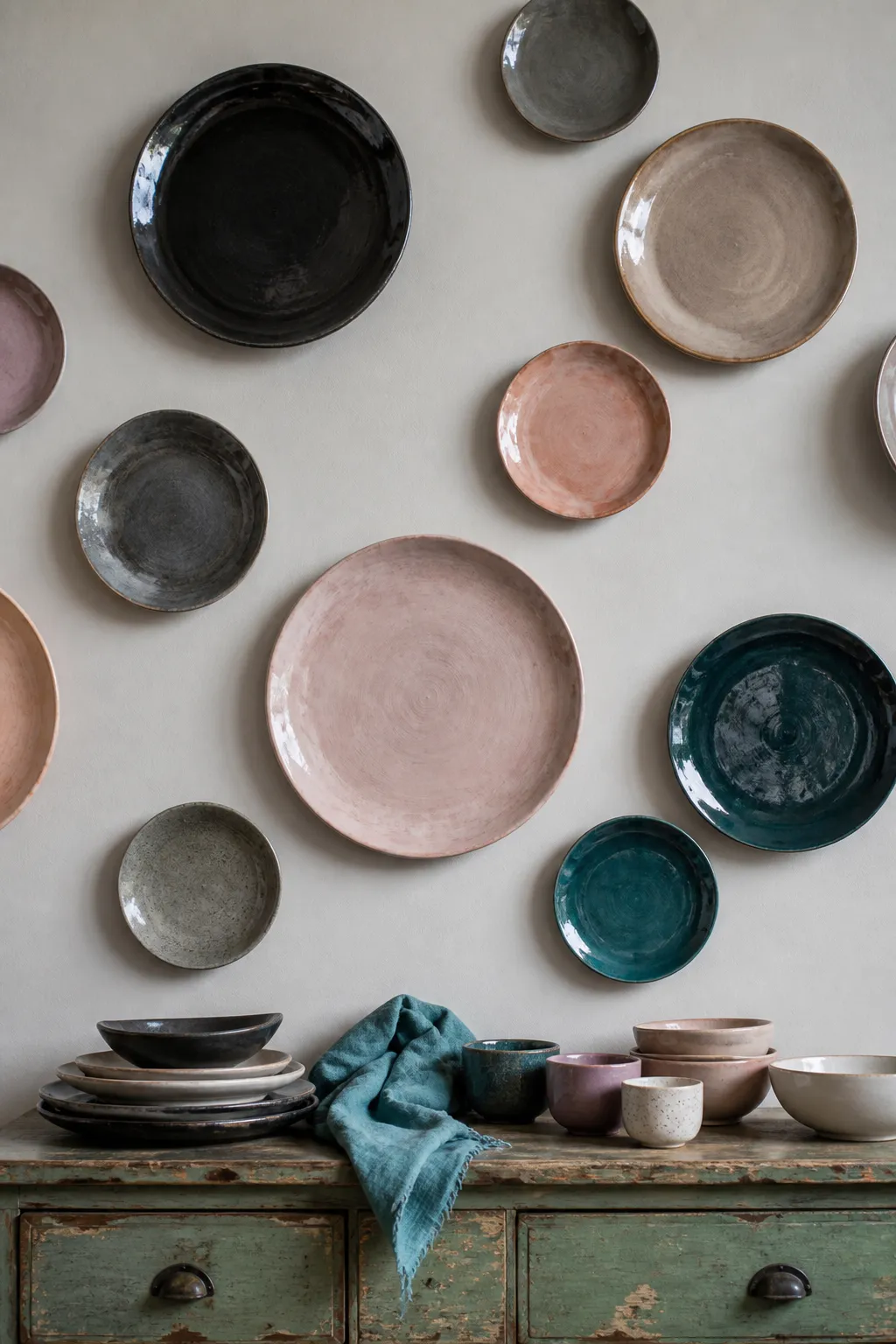 Sculptural ceramic plates arranged as modern wall art