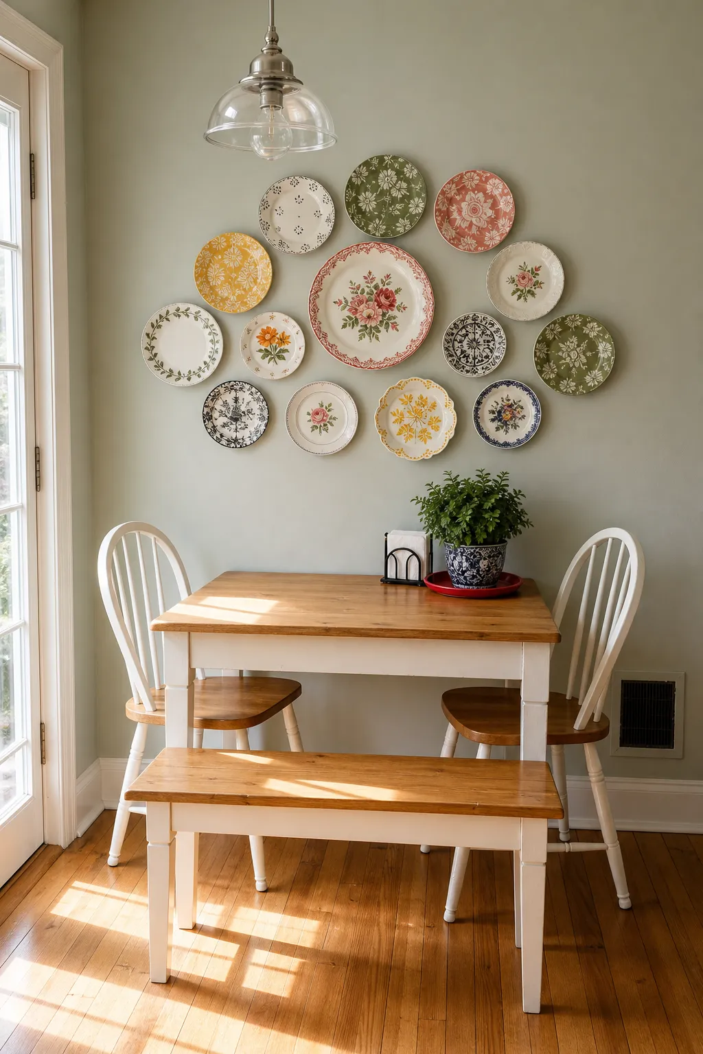 Colorful floral plates decorating a bright cottage breakfast nook