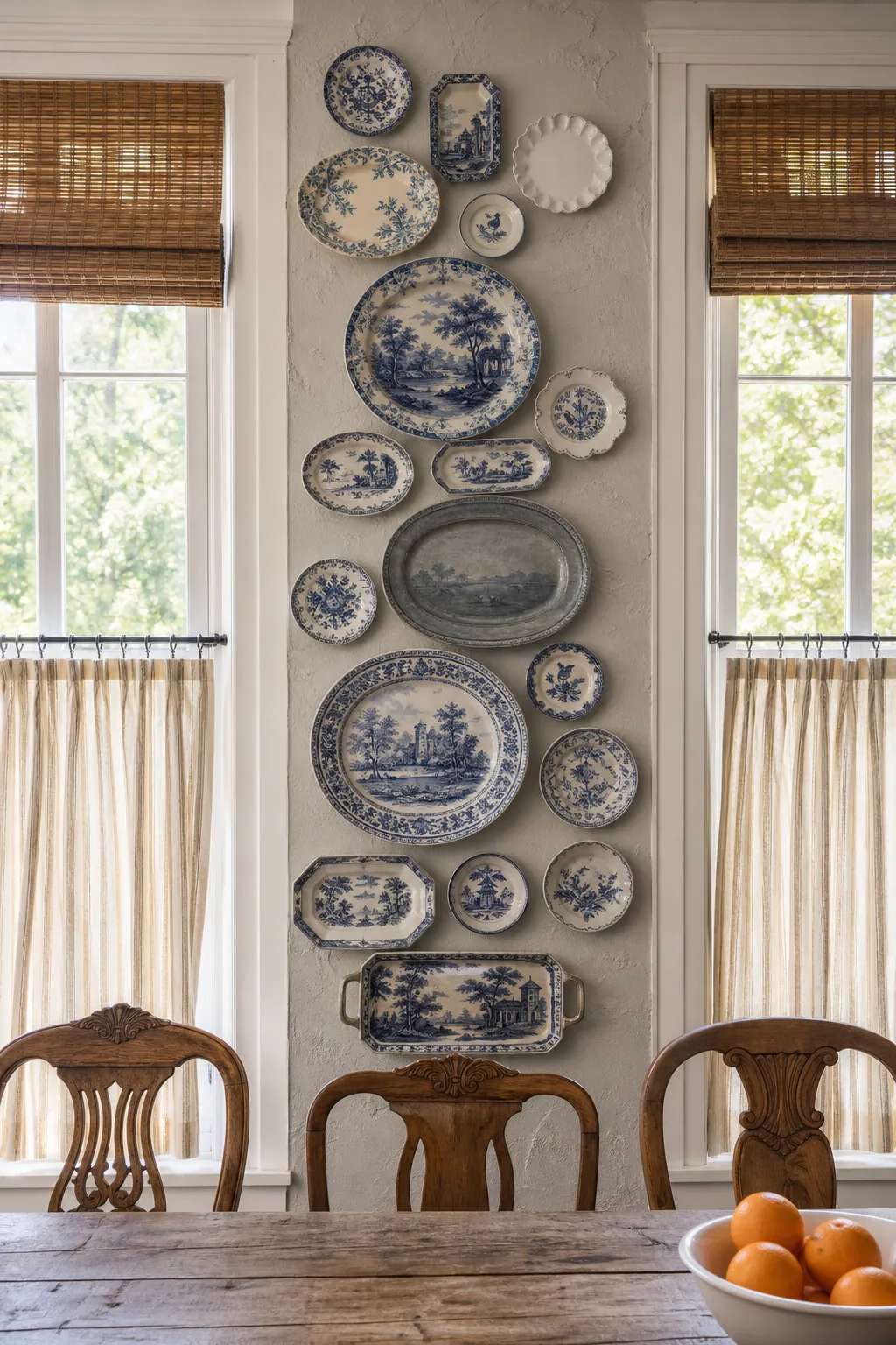 Blue-and-white antique china arranged as an elegant kitchen wall gallery