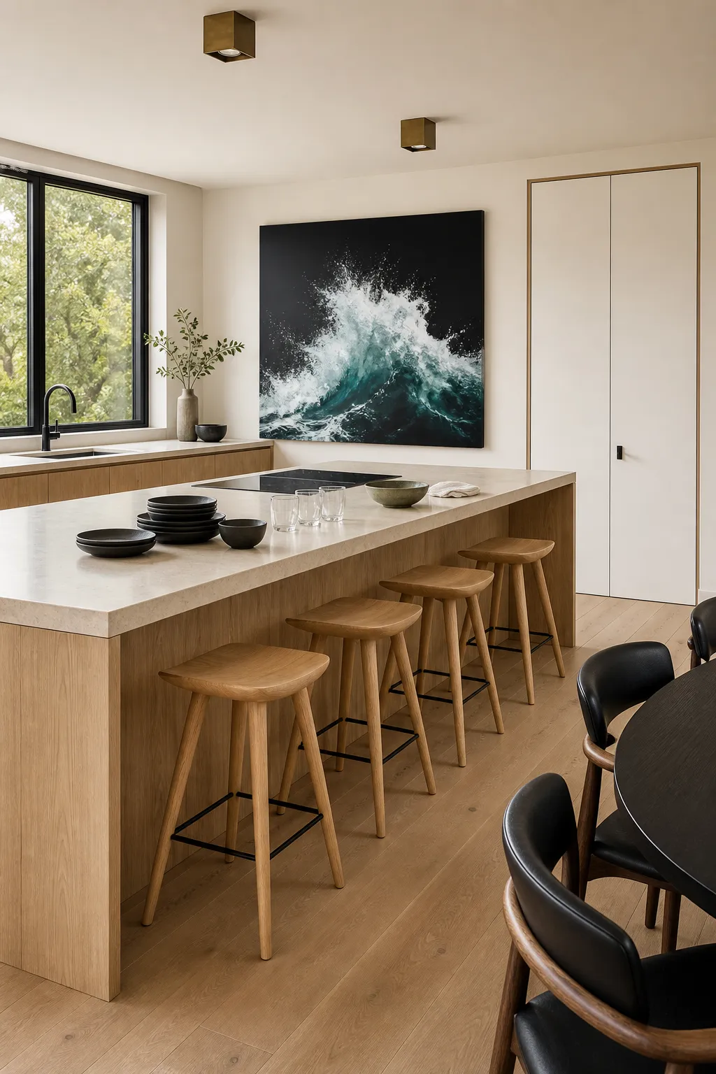 Oversized statement artwork anchoring a minimalist kitchen wall