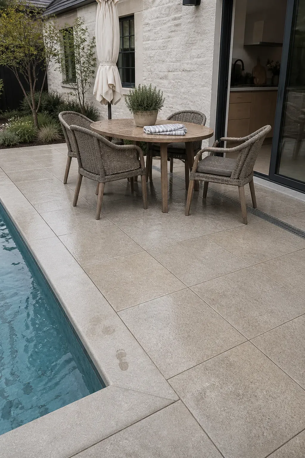 Continuous light stone paving connecting a backyard pool and patio dining zone