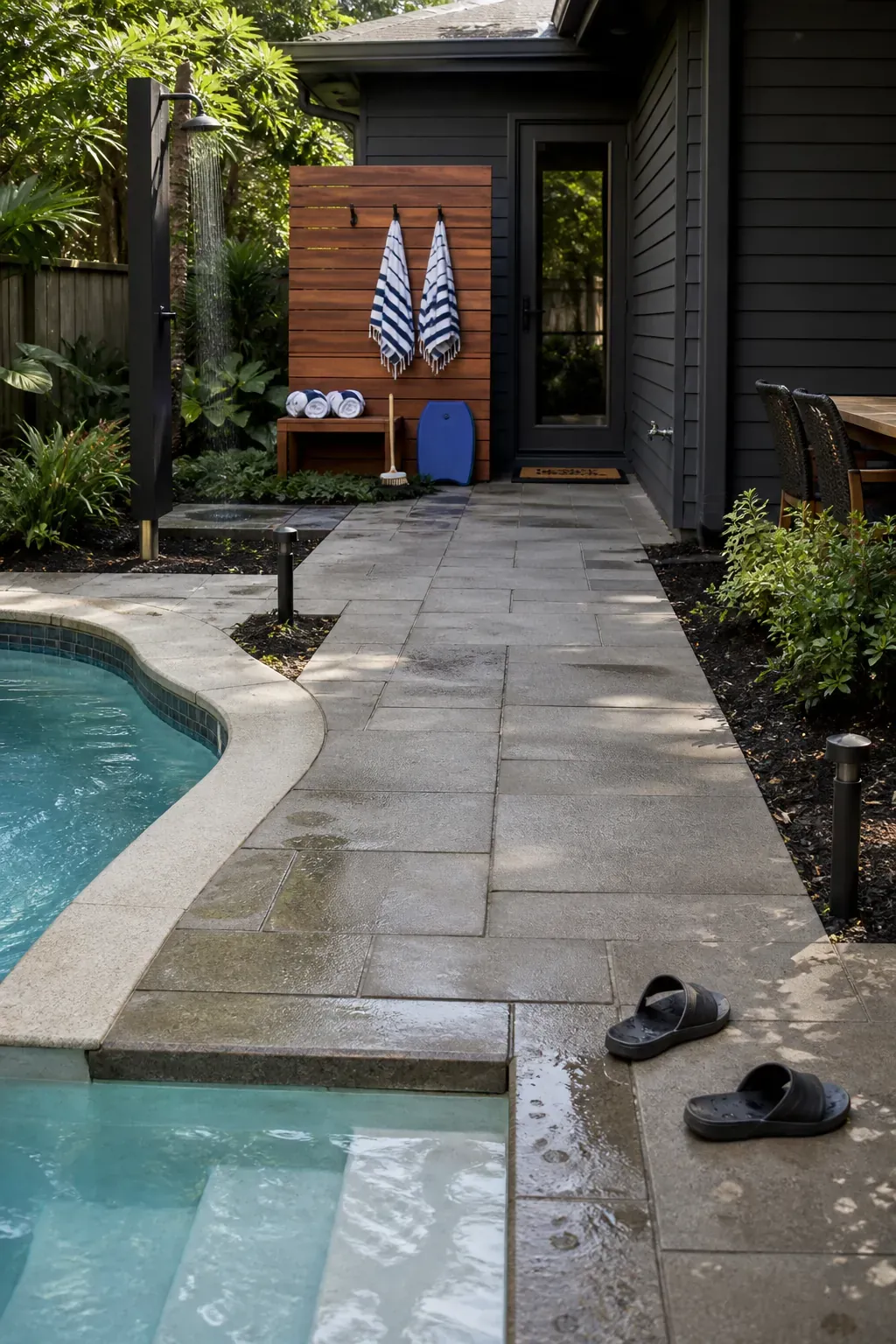 Wide poolside path leading from swimming pool steps to a house door