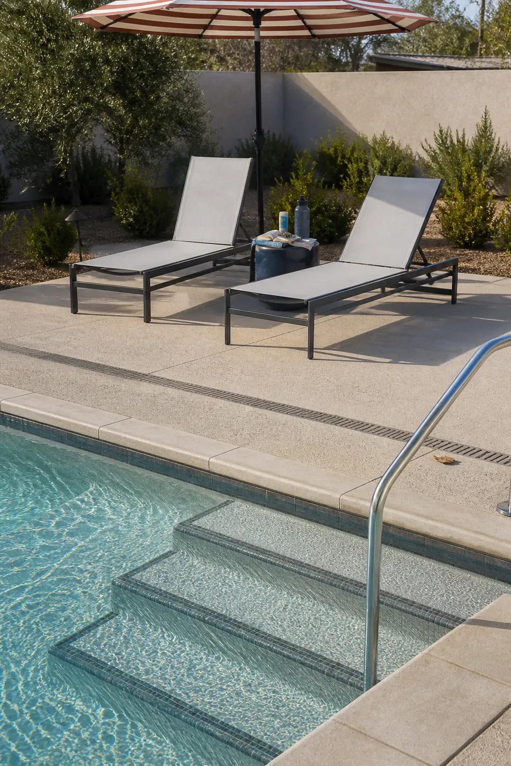 Pool loungers arranged beside the shallow end with clear circulation space