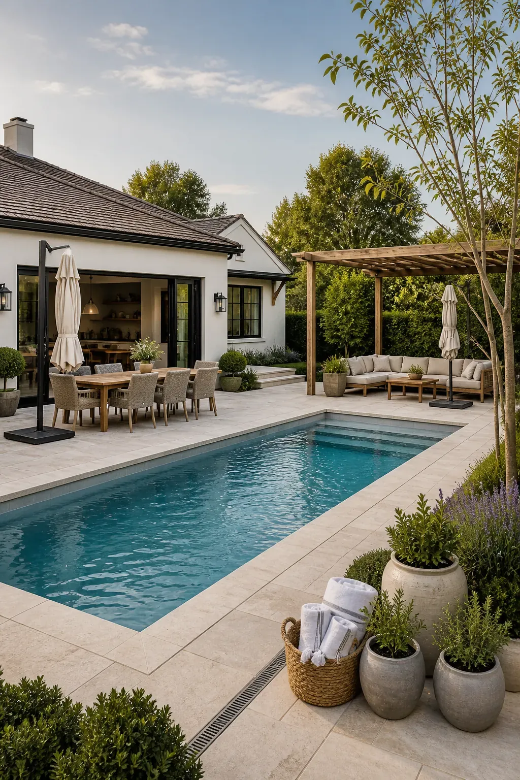 Cohesive backyard pool and patio designed as one outdoor living space
