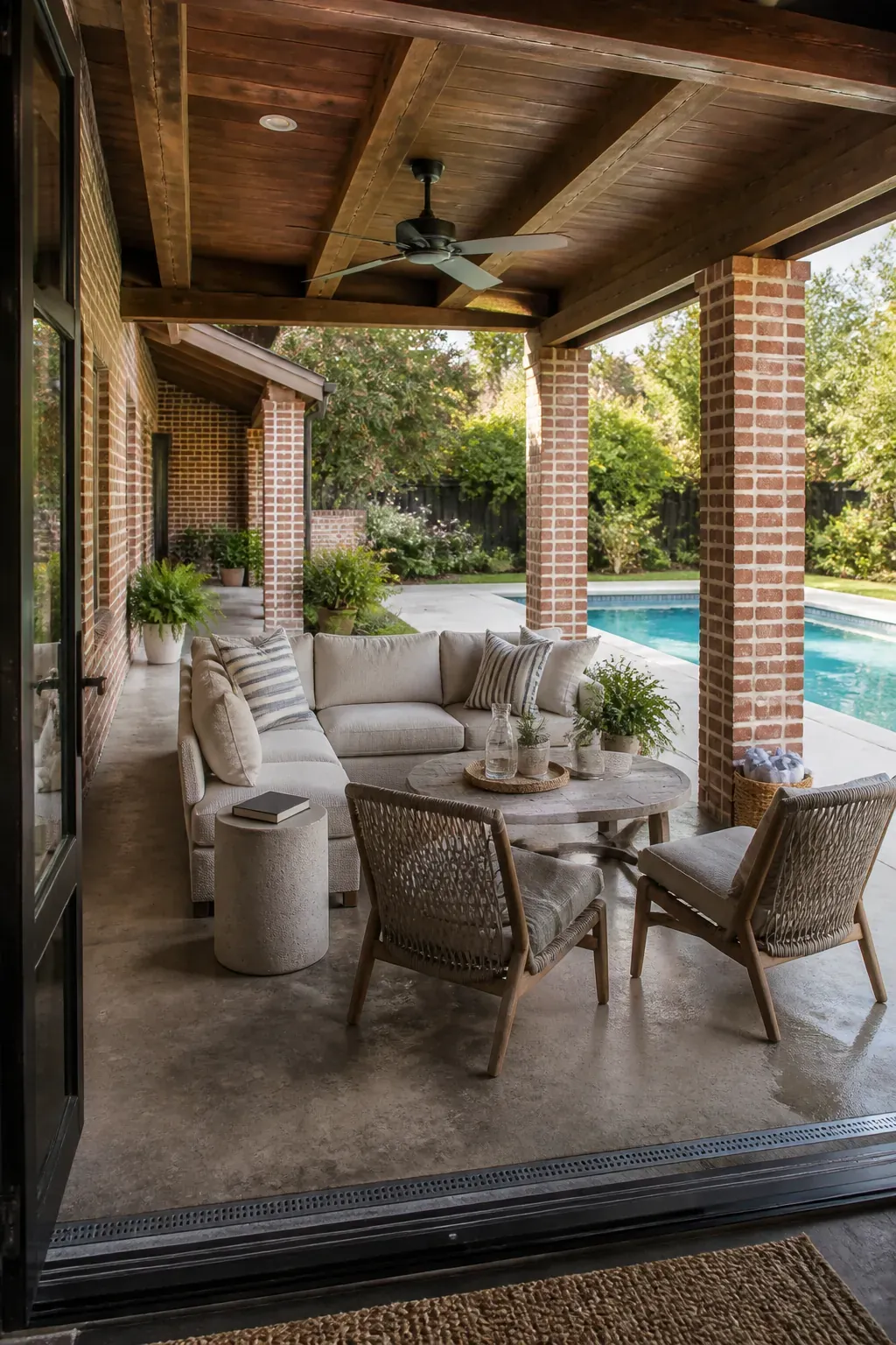 Covered patio living room overlooking a backyard swimming pool