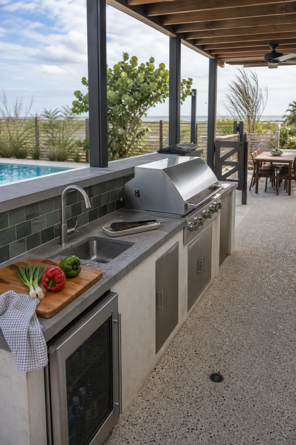 Outdoor kitchen beside a pool with a clear cooking service aisle
