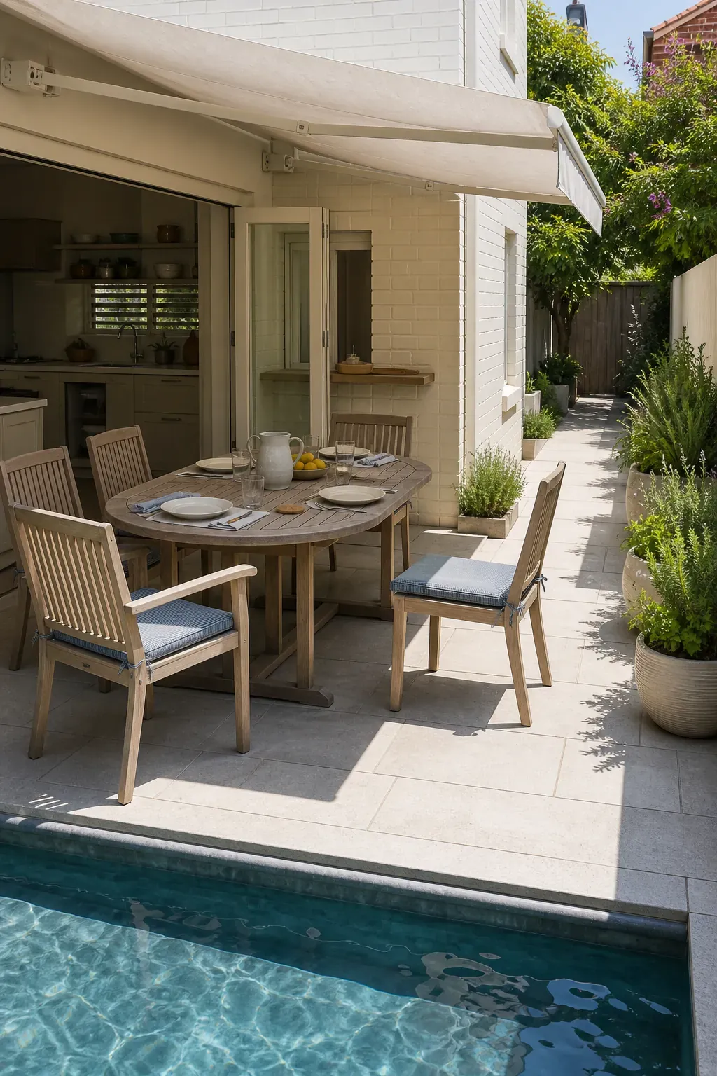 Poolside dining table located near a kitchen door under practical shade