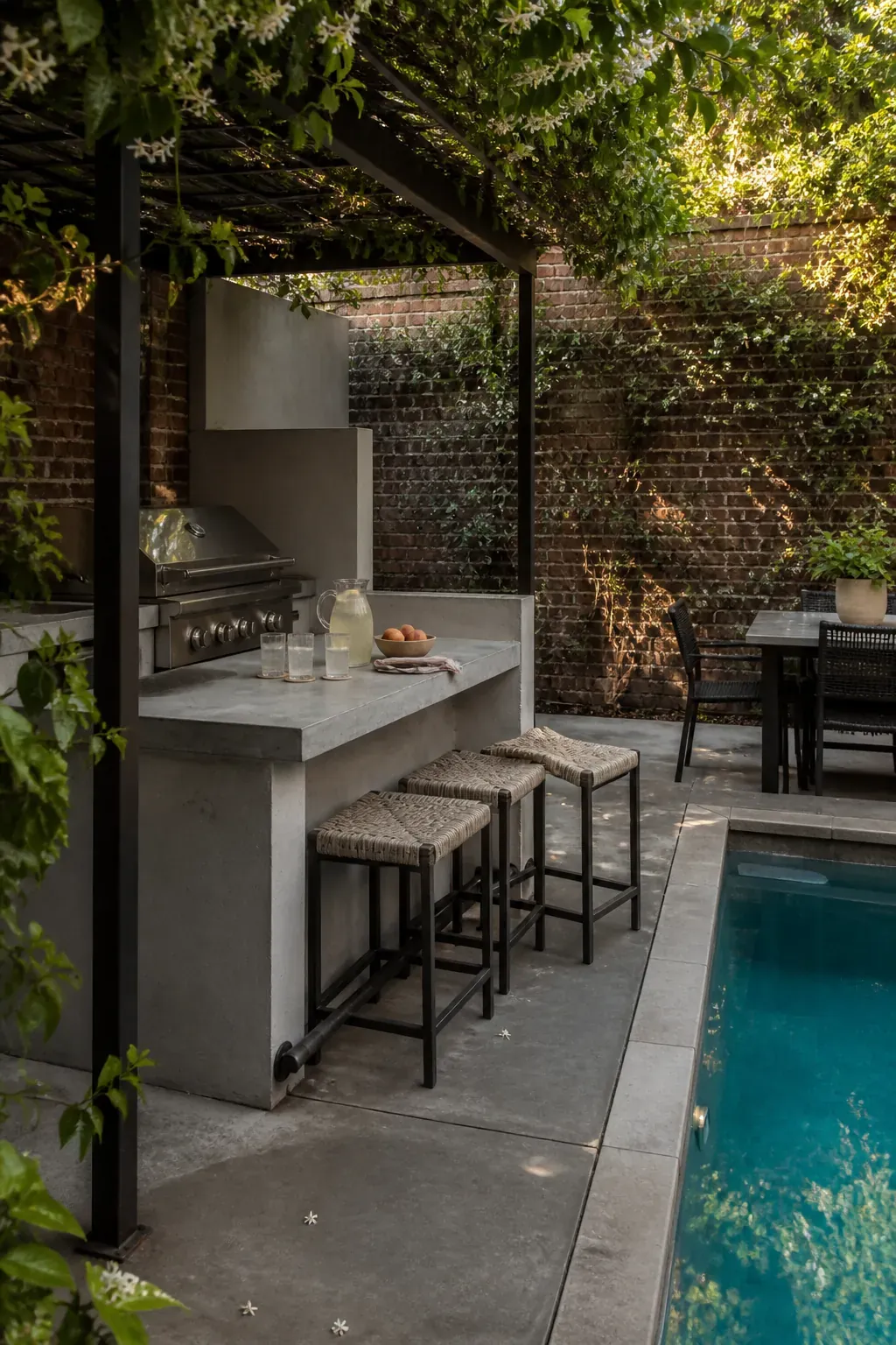Compact poolside bar counter linking an outdoor kitchen and patio