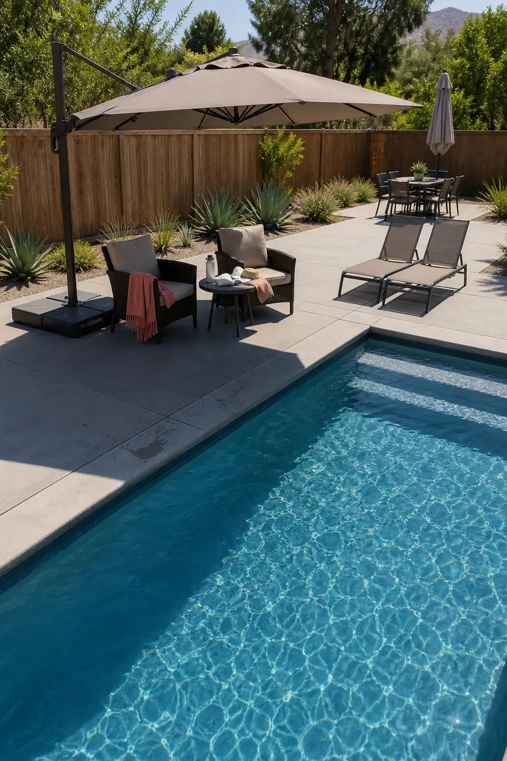 Cantilever shade covering poolside seating while leaving the water sunny