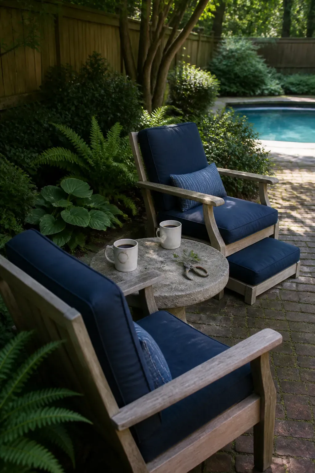 Small conversation nook tucked into a planted corner beside a pool