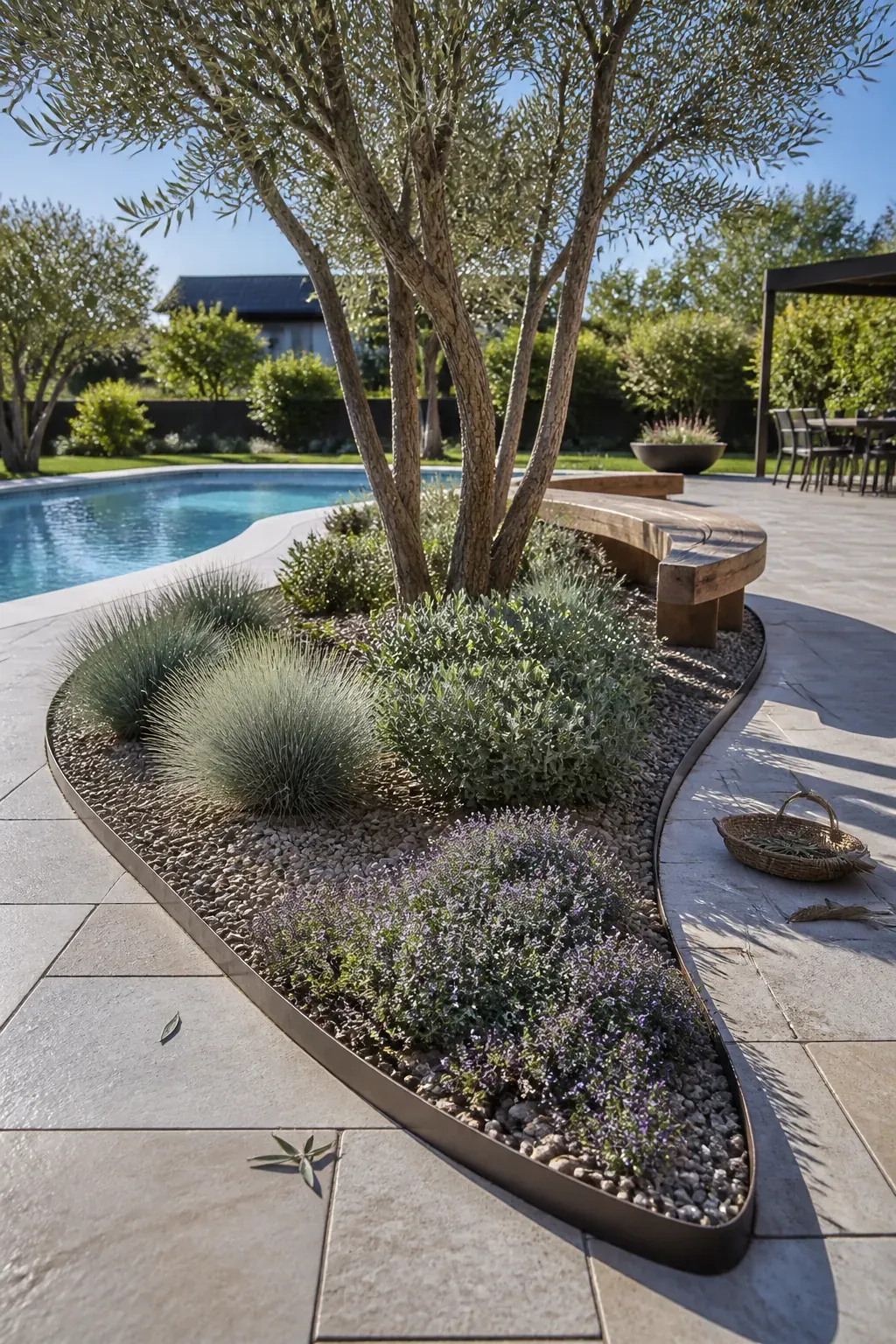 Pool patio planting island dividing paving into connected outdoor zones