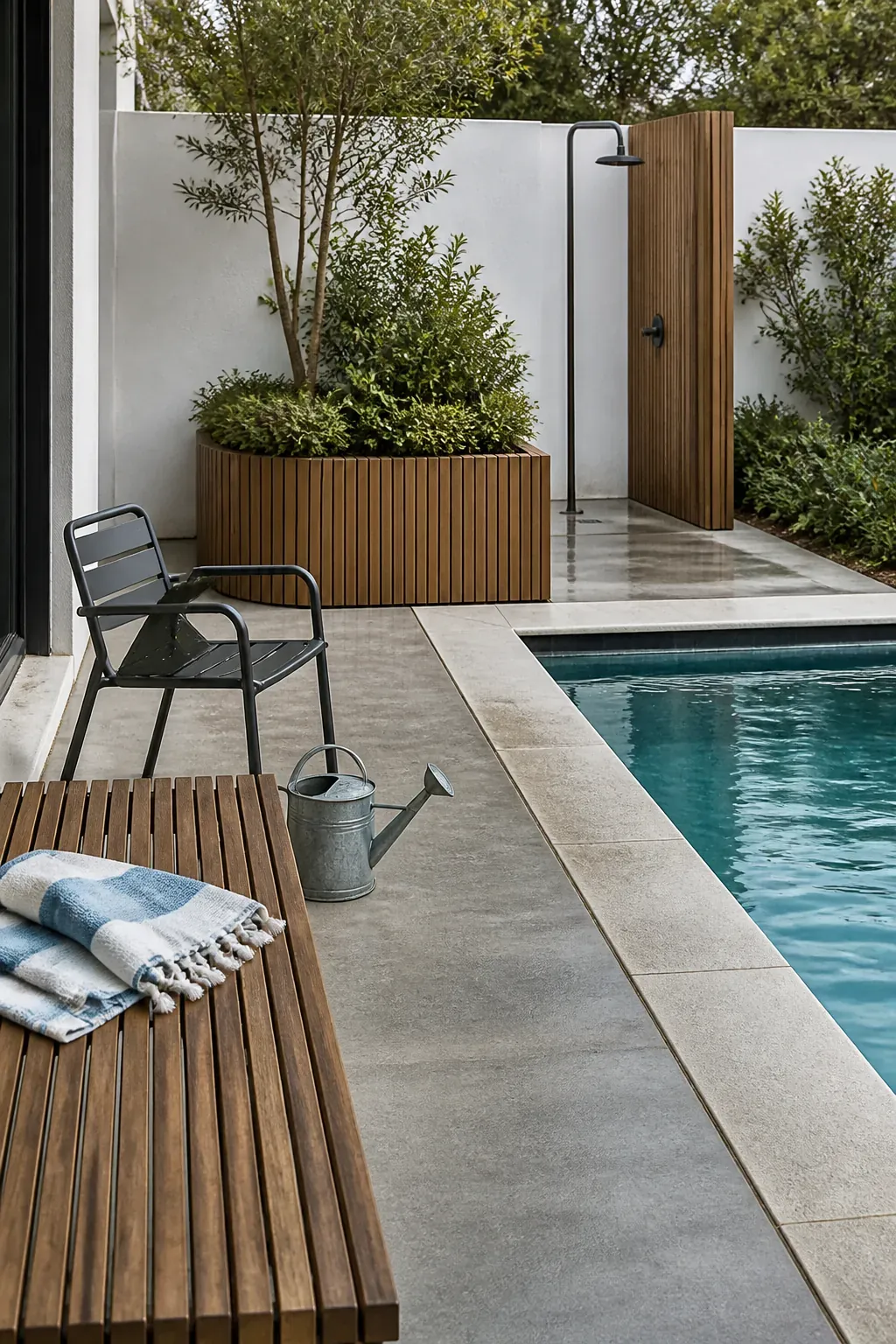 Warm timber accents repeated across pool coping seating and planters