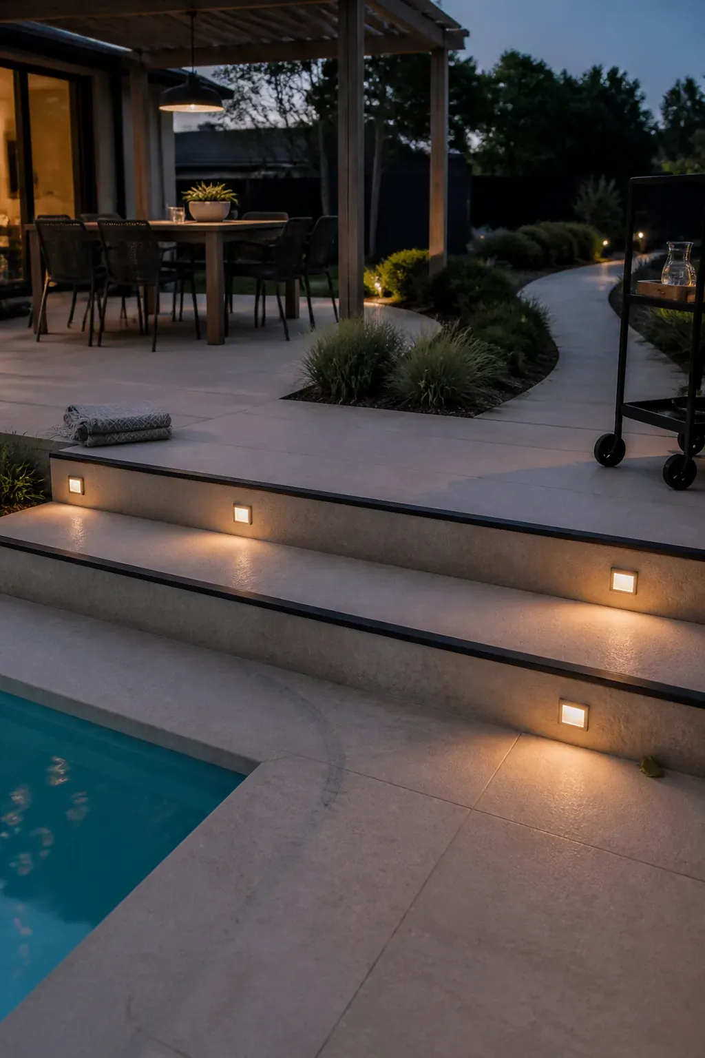 Broad illuminated steps connecting a pool deck to a raised dining patio