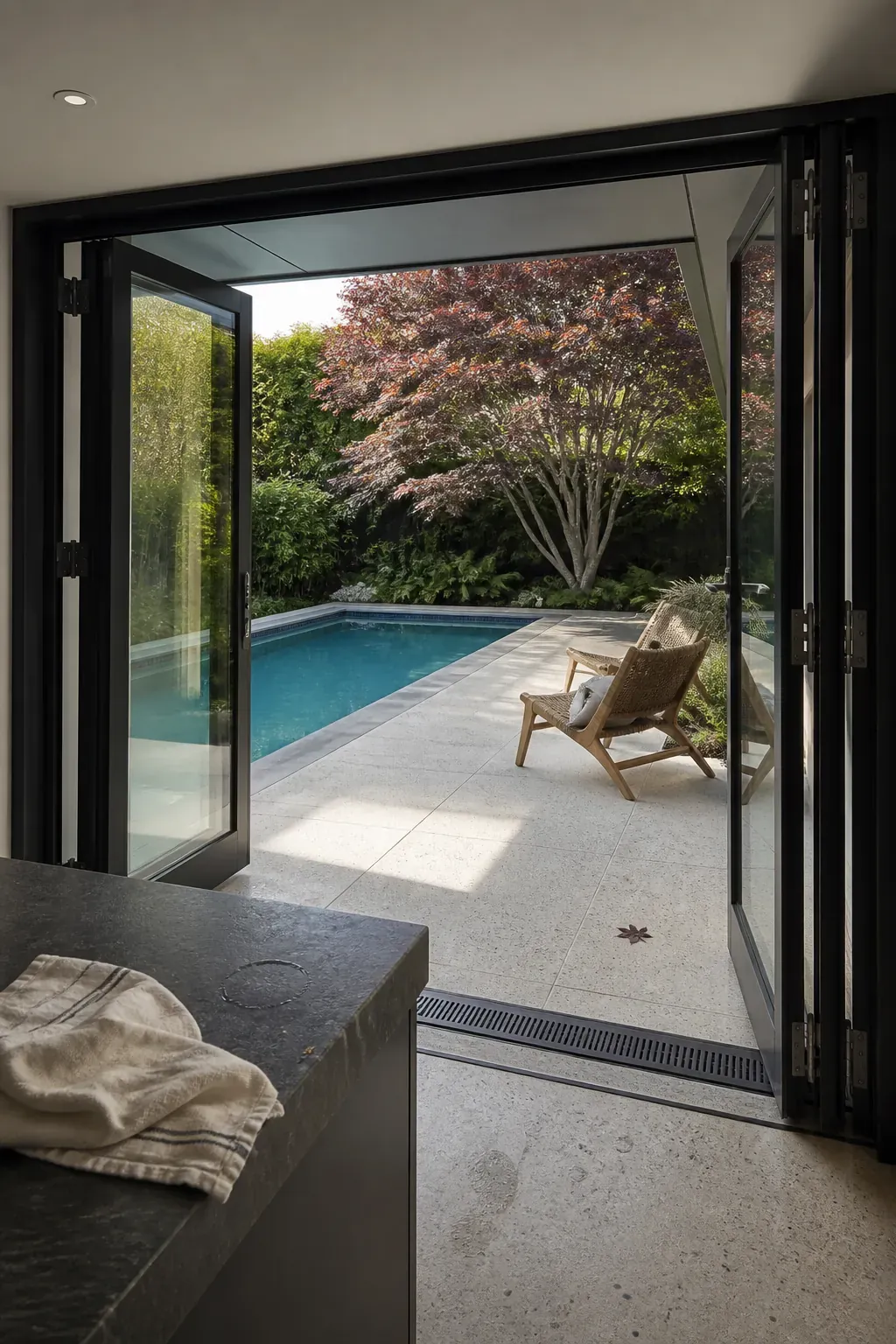 View from an interior doorway aligned with a calm pool and patio composition