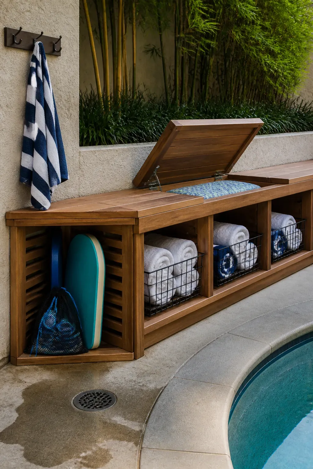 Built-in pool patio bench with organized towel and float storage
