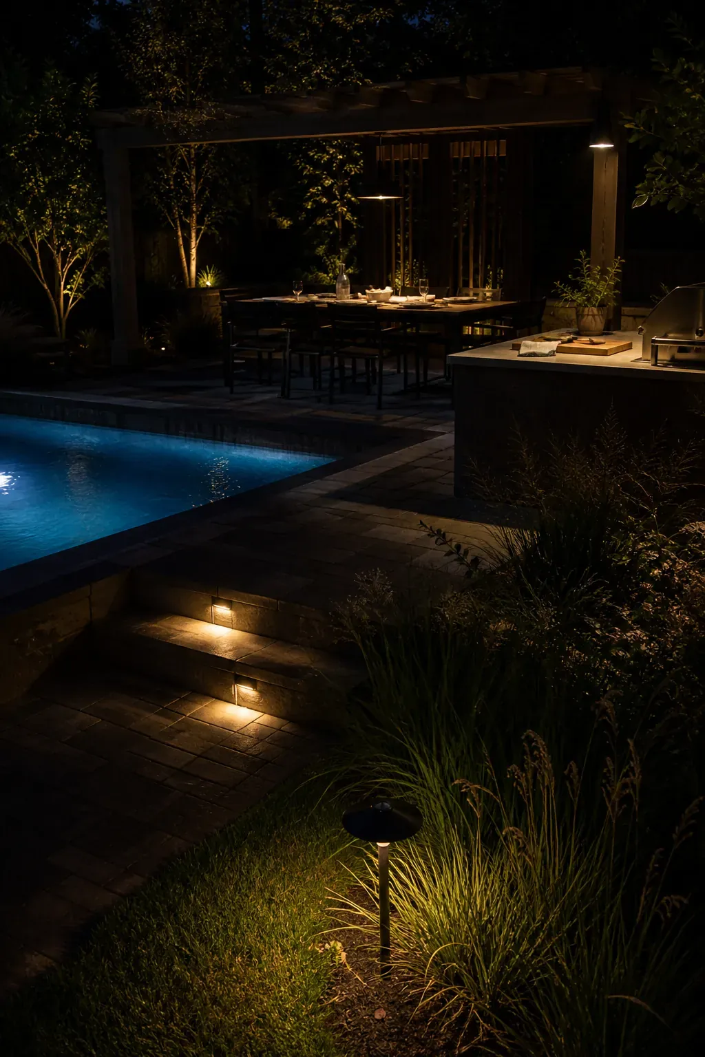 Layered evening lighting across pool paths dining and planting zones