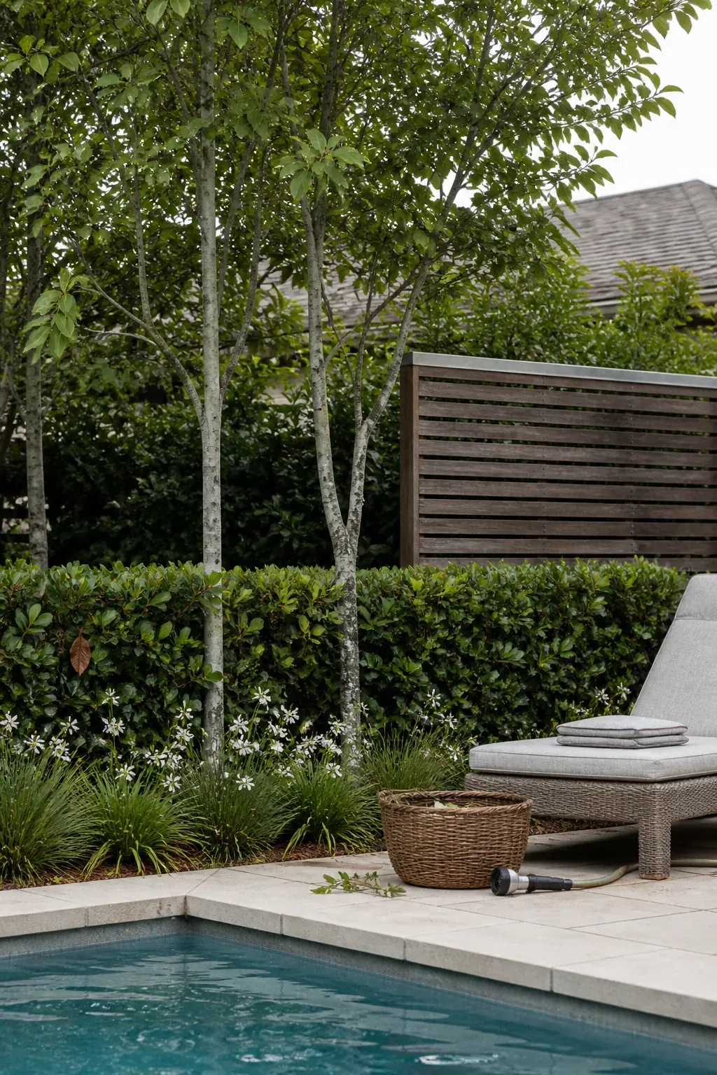 Layered shrubs small trees and slatted screening creating pool privacy