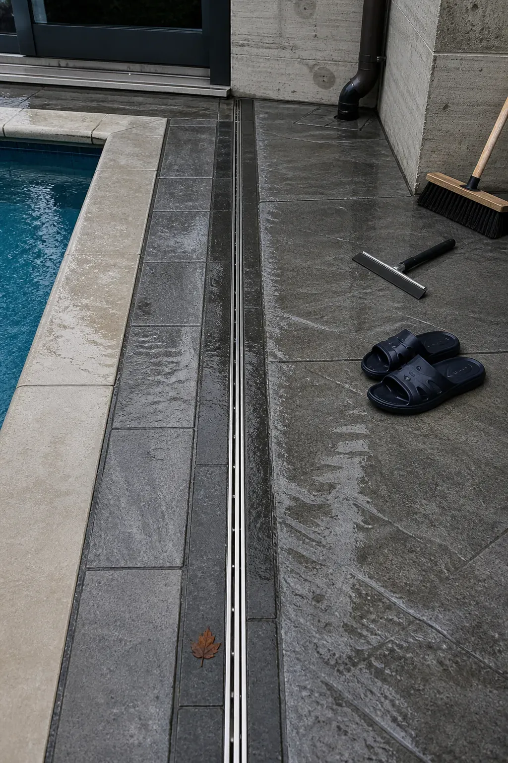 Discreet slot drain integrated into a patterned pool deck